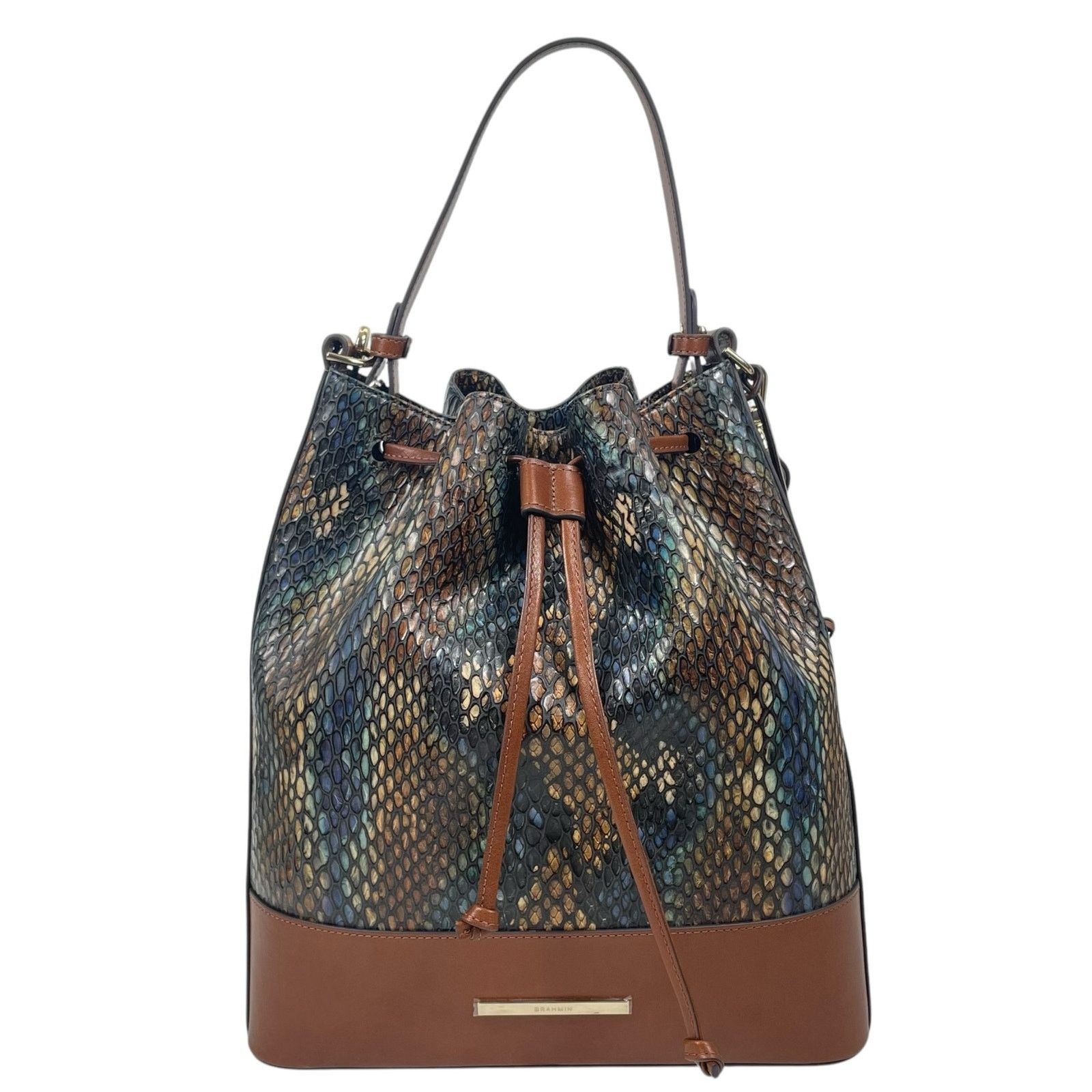 BRAHMIN Brahmin Marlowe Embossed Leather Bucket Bag Bottle Blue Size ONE SIZE - 4 Thumbnail