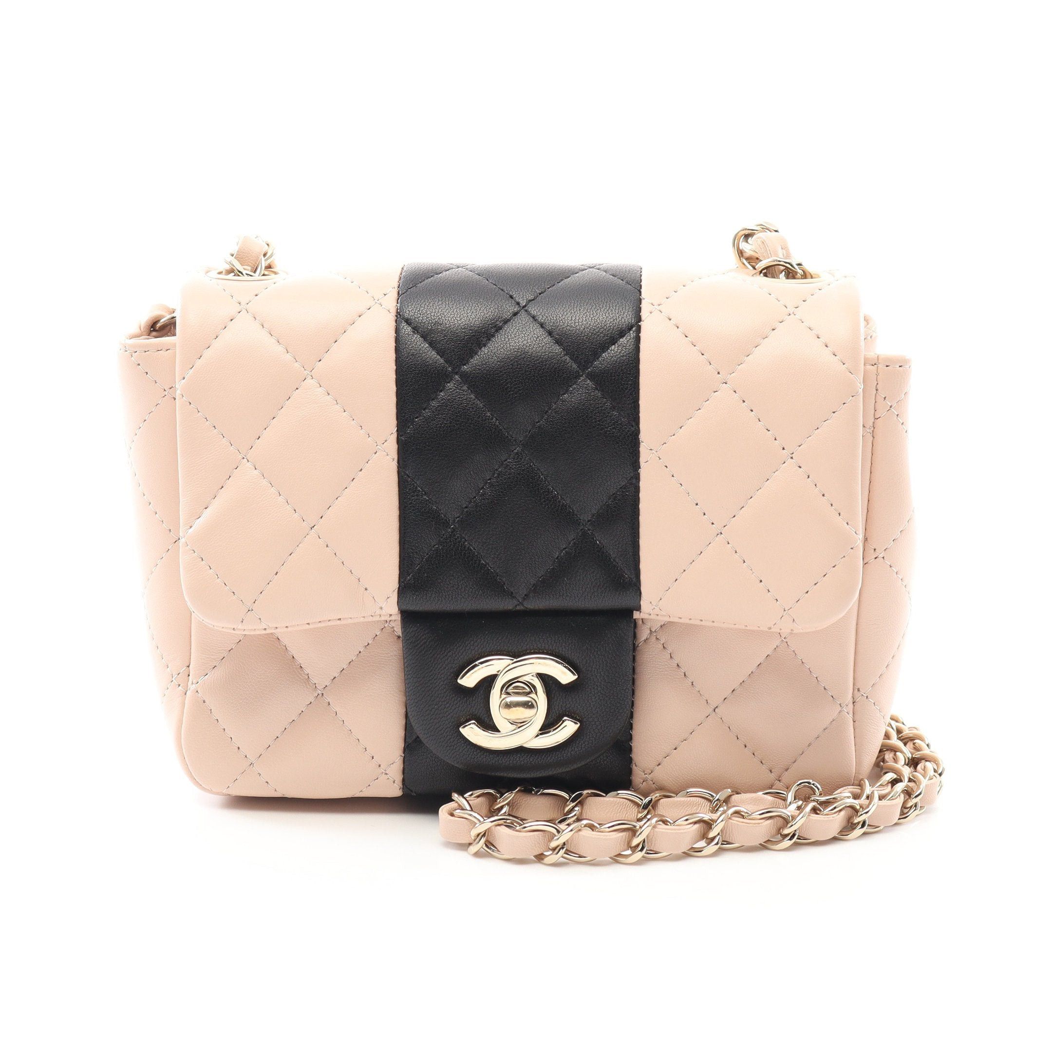 Chanel Mini Matelasse Chain Shoulder Bag Lambskin Light Pink Black Gold Hardware, Women's