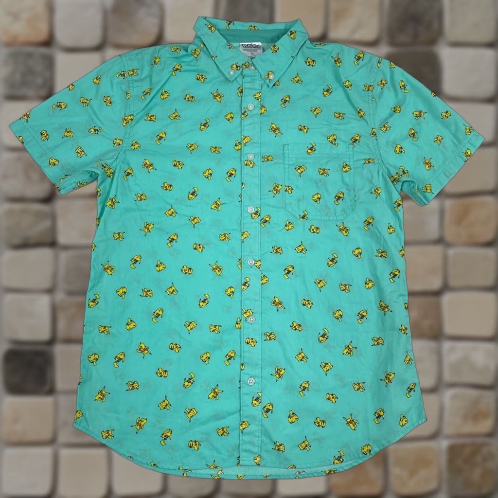 Vintage Pokemon Shirt Mens Medium Green Pikachu Short Sleeve Button Up Golf Gamer Arcade Size US M / EU 48-50 / 2 - 1 Thumbnail