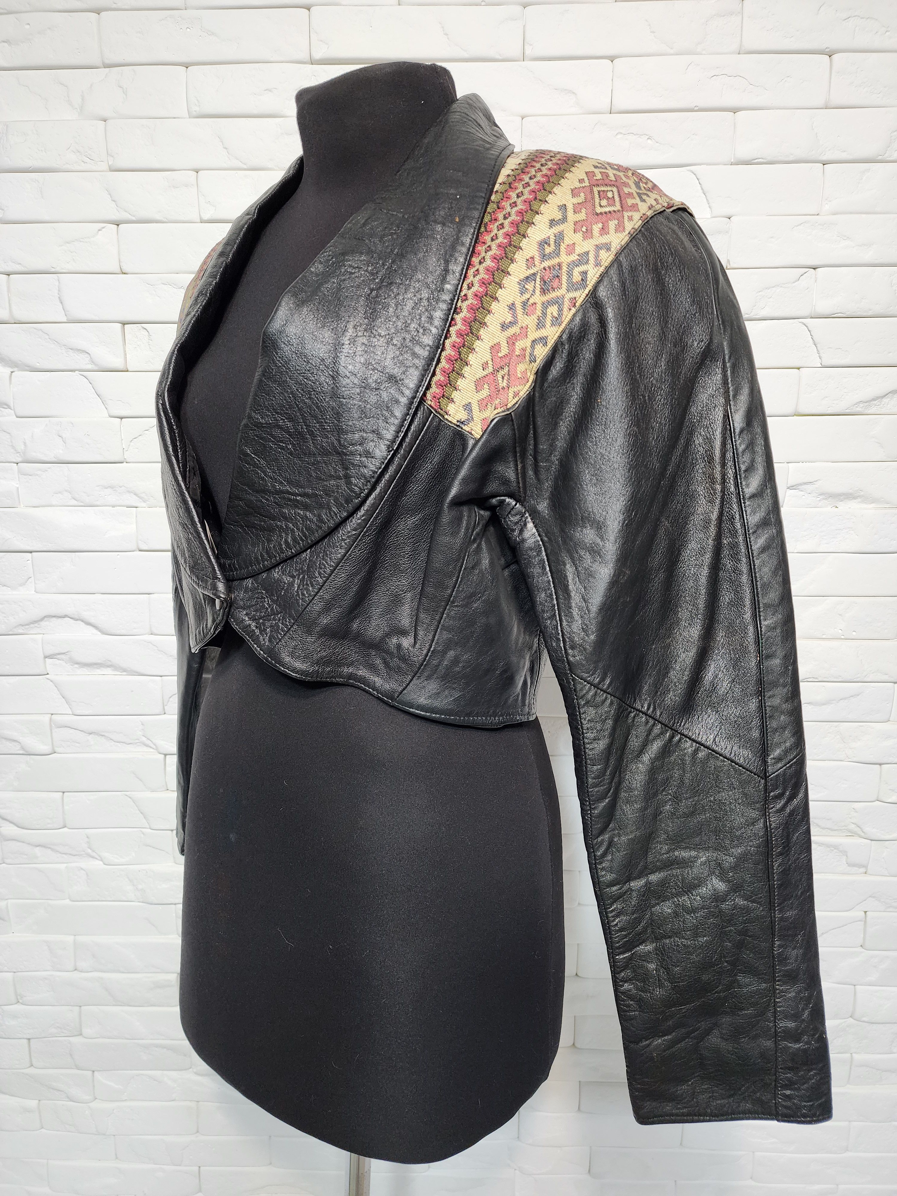 Designer Black women's leather jacket with tapestry fabric inserts. Size XL / US 12-14 / IT 48-50 - 2 Thumbnail
