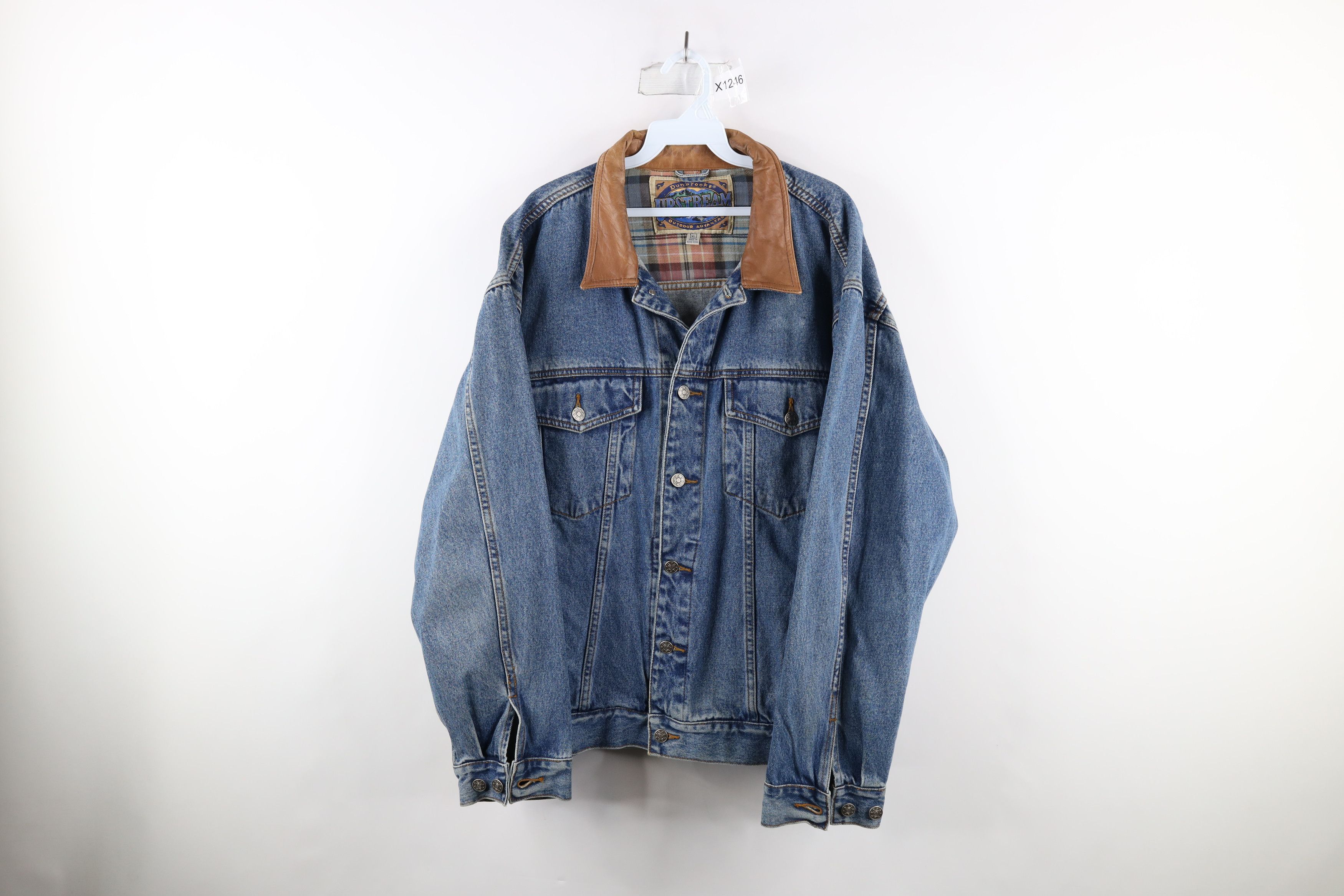 image of Vintage 90's Streetwear Leather Collar Denim Trucker Jacket in Blue, Men's (Size XL)