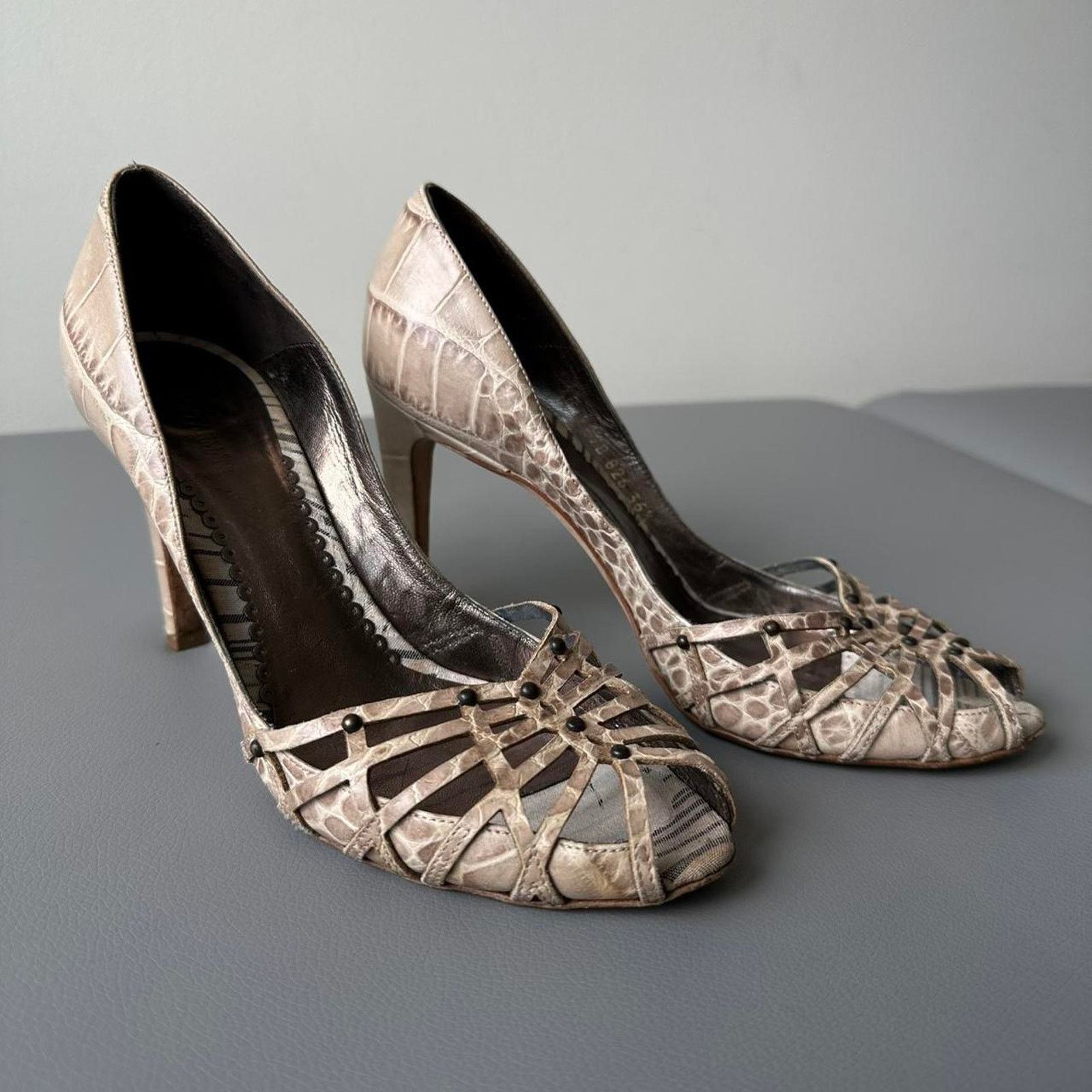 Giorgio Armani × Vintage Vintage GIORGIO ARMANI Tan Leather Peep-Toe Croc Heels/Pumps Size US 6.5 / IT 36.5 - 3 Thumbnail