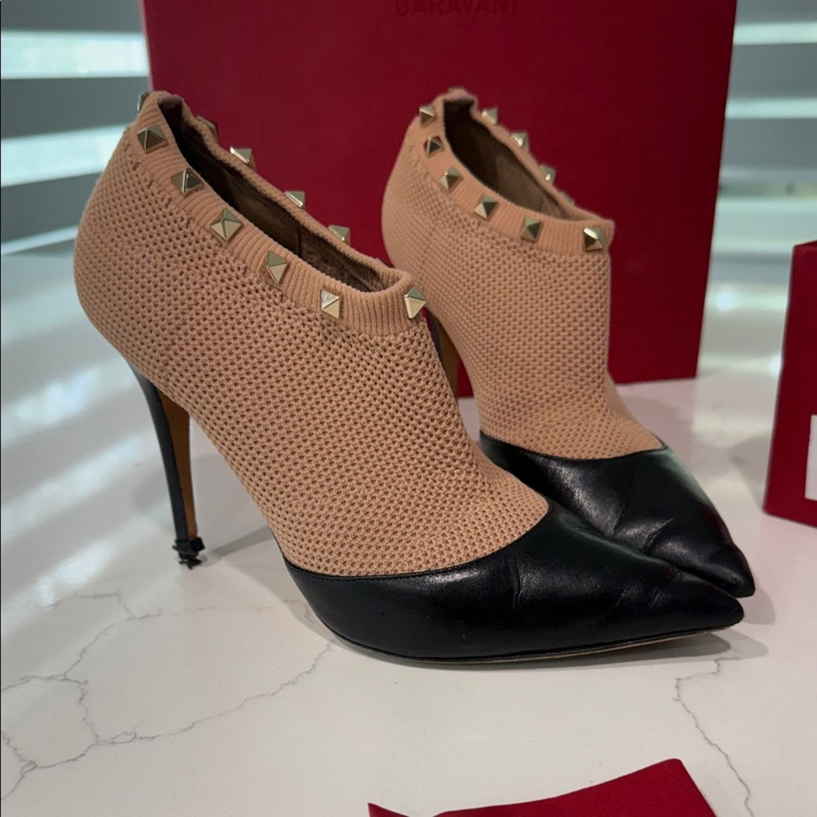 Valentino Valentino Garavani Beige Mesh Black Leather Studded Bootie Size US 8.5 / IT 38.5 - 12 Thumbnail