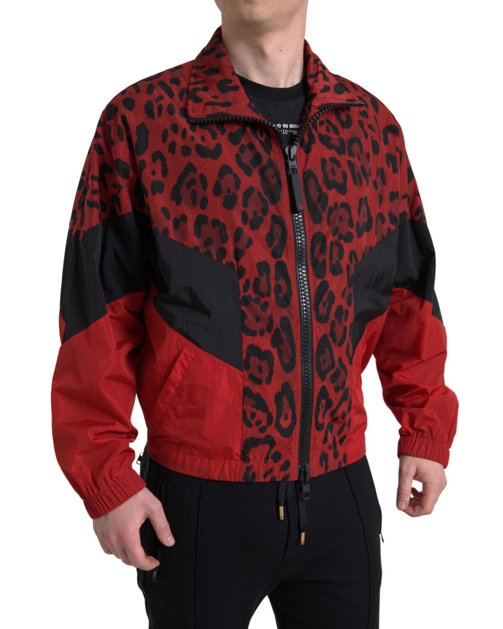 image of Dolce Gabbana Leopard Nylon Full Zip Jacket in Red, Men's (Size XS)