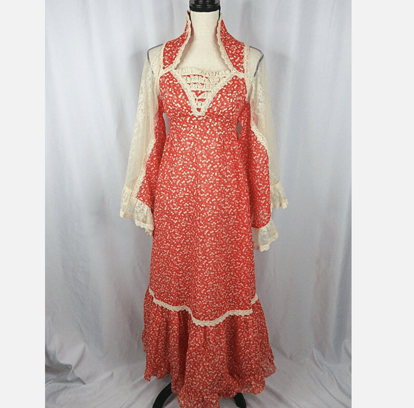 image of VTG 70's Gunne Sax Jessica Mcclintock Dress Cherry Floral 5 in Red, Women's (Size Small)