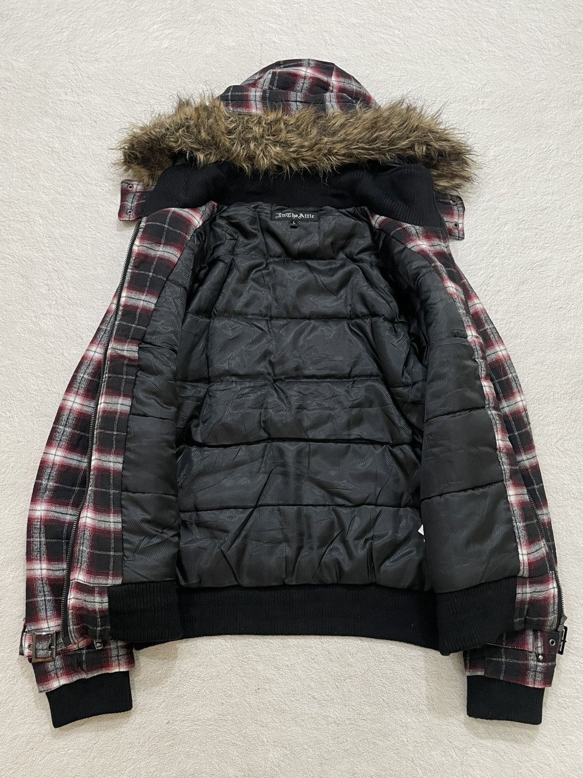 In the Attic Archive Plaid Fur Hood Bomber Jacket Grunge