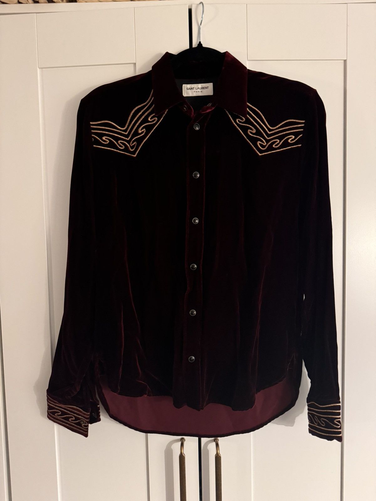 image of Saint Laurent Paris Saint Laurent Velvet Red Western Embroidered Shirt, Men's (Size Small)