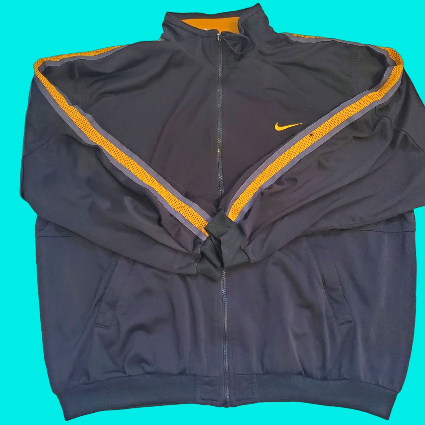 VINTAGE Nike Swoosh Jacket Full Zip Black Gold Stripes Sleeve Mens XL Big Swoosh
