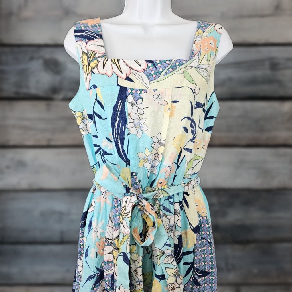 Malvin I Love Linen Womens Dress L Blue Yellow Floral Belted Side Zip Knee  Length A-