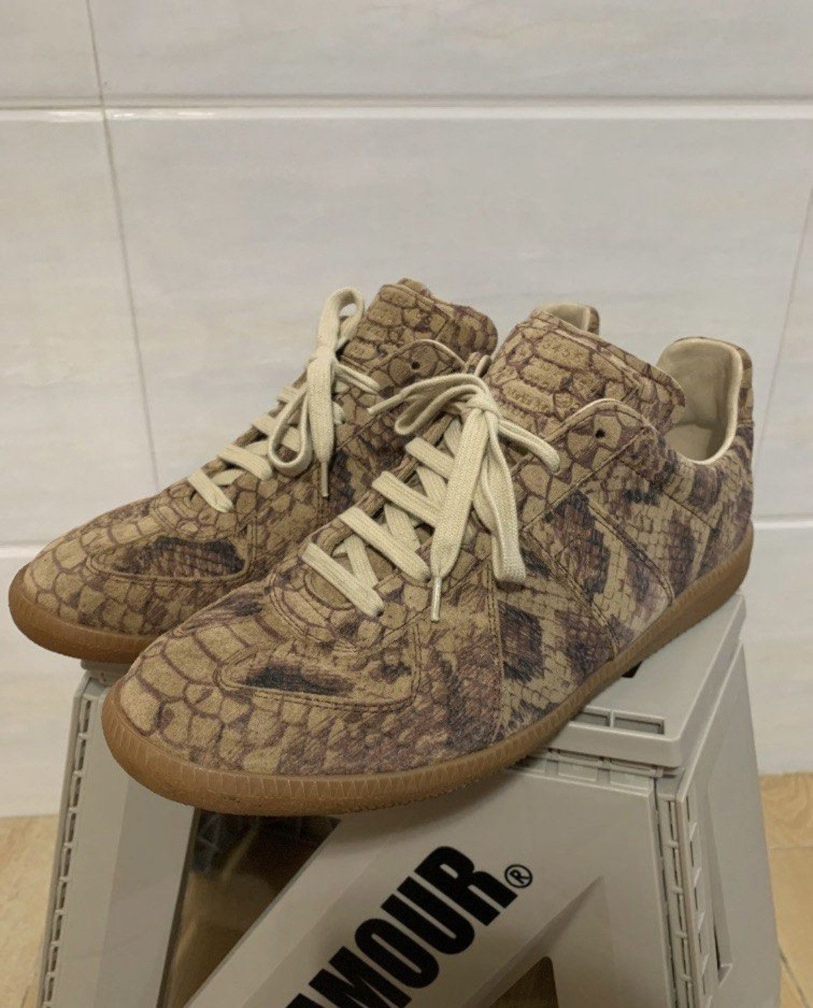 image of Maison Margiela “Replica” Snakeskin Sneakers - Size 40 in Grey, Men's