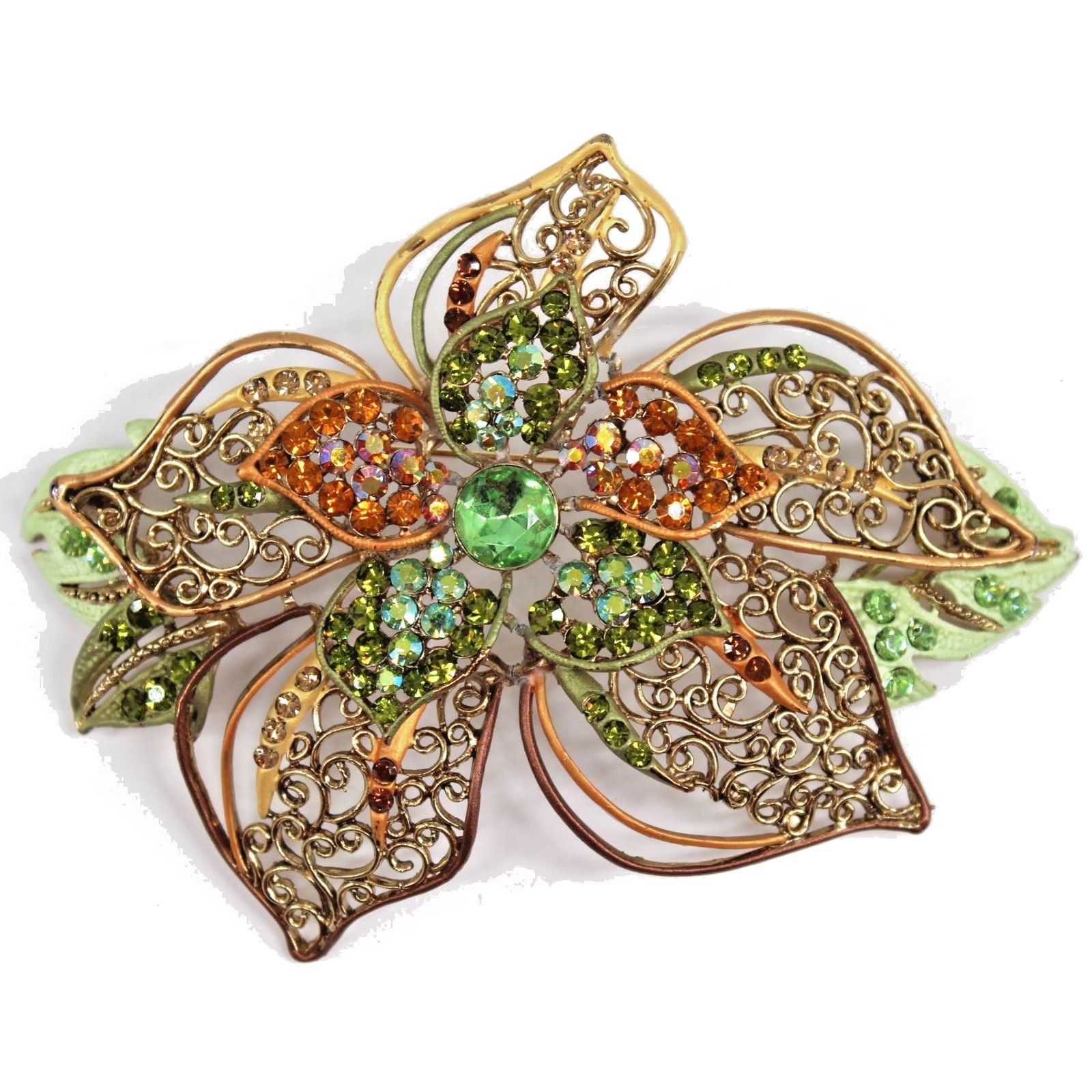 Other Vintage Big Leafy Rhinestone Brooch Green Brown Cluster 5" Size ONE SIZE - 1 Thumbnail