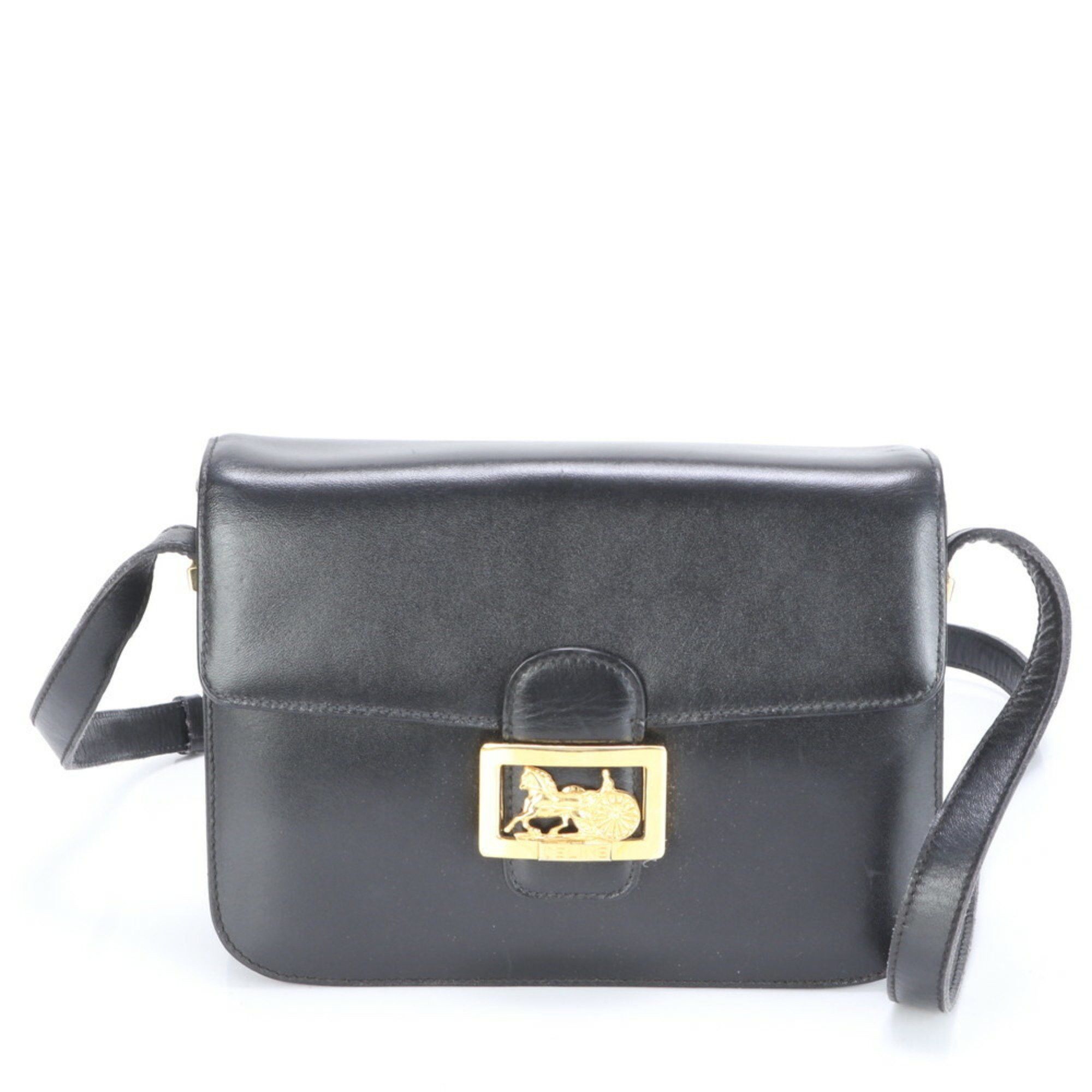 Celine Carriage Hardware Leather Shoulder Bag Crossbody Hand Tote Women's in Black