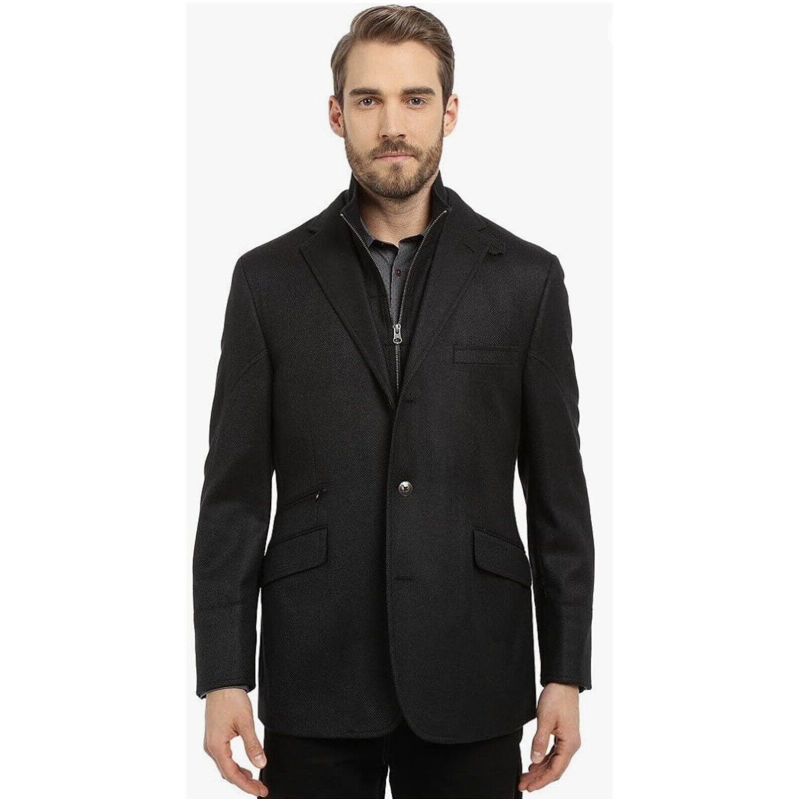 image of Designer Kroon Black Jacket Coat Detachable Zip Closure Dickey 44, Men's (Size Large)