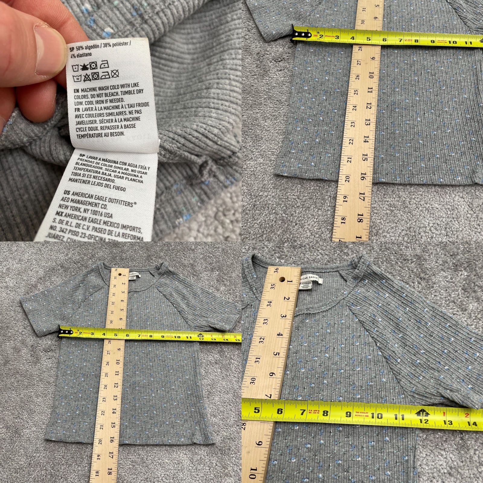 American Eagle Outfitters American Eagle Top Juniors XS Gray Floral Crew Neck Short Sleeve Ribbed Knit Size XS / US 0-2 / IT 36-38 - 8 Thumbnail