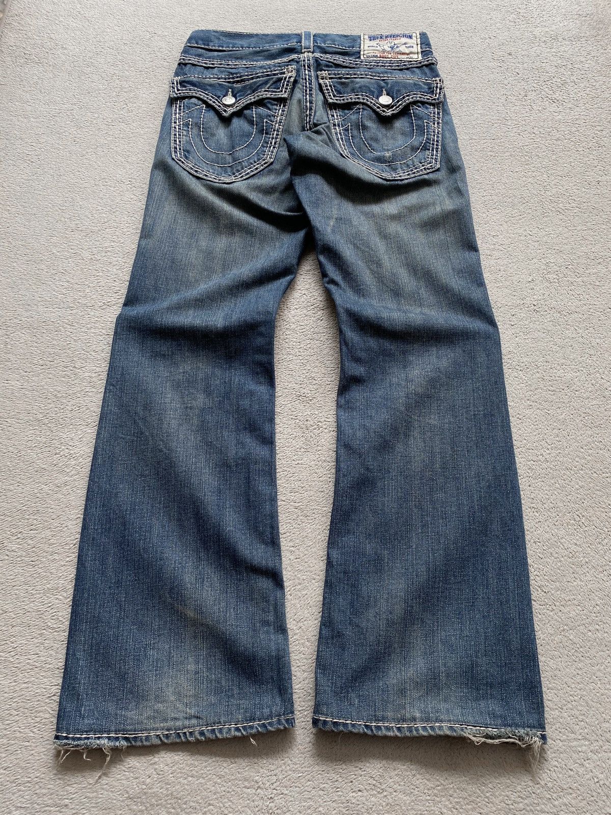 image of Distressed Denim x Made In USA True Religion Boot Cut Denim Jeans in Blue, Men's (Size 28)