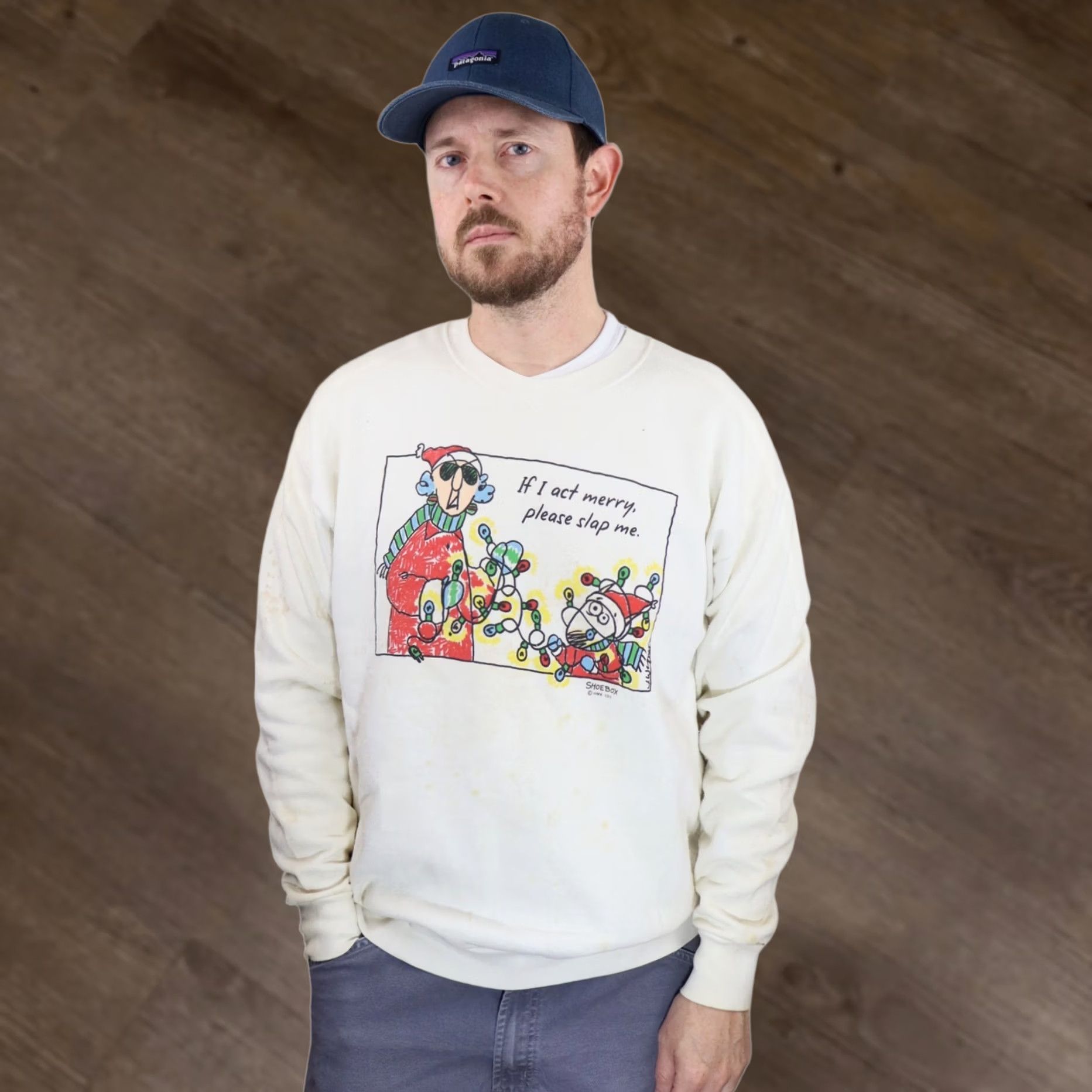 Delta VINTAGE Grandma Humor Comic Shoebox X-Large Christmas Sweatshirt 90s Beige Mens Size US XL / EU 56 / 4 - 1 Thumbnail