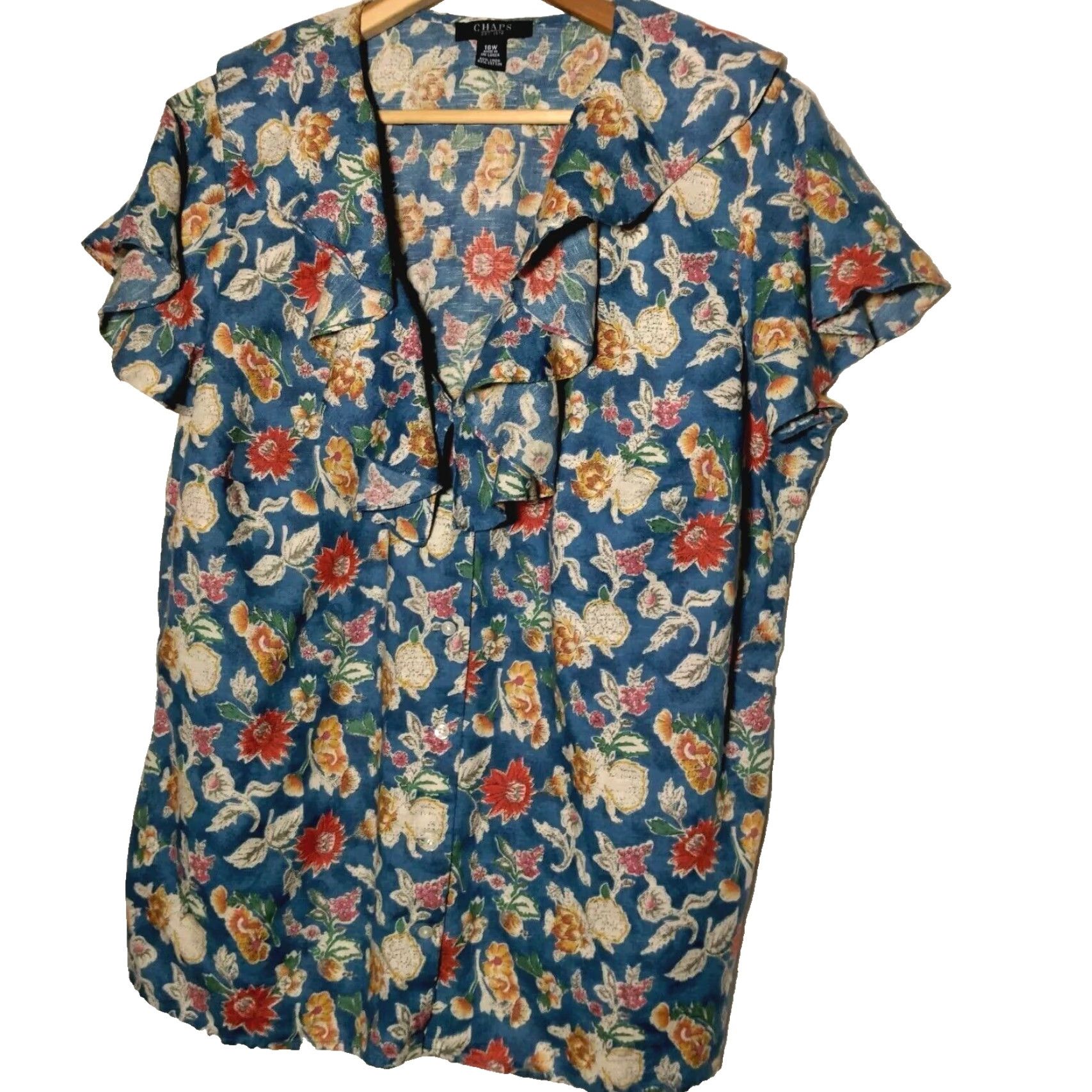 Chaps Chaps Blouse Women 16W Blue Floral Linen Blend Ruffled Button Flutter Sleeve Size XXL / US 16-18 / IT 52-54 - 2 Thumbnail