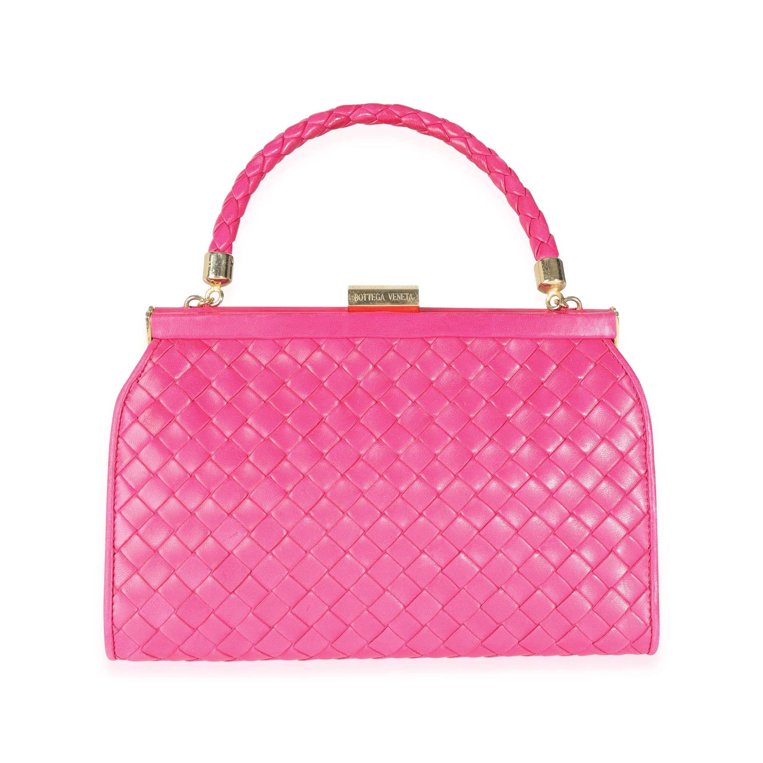 image of Bottega Veneta Vintage Pink Intrecciato Woven Leather Kiss Lock Frame Bag, Women's