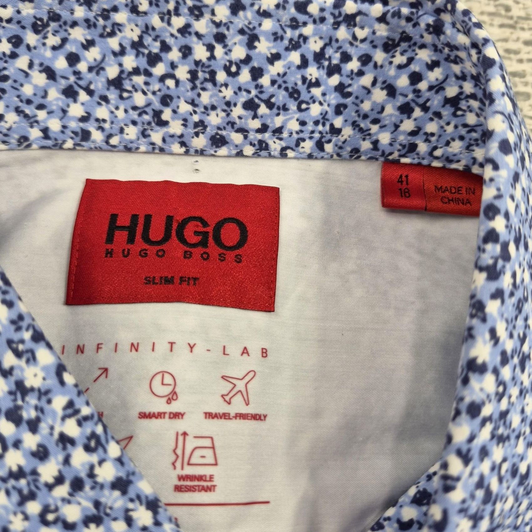 Hugo Boss HUGO BOSS Dress Shirt Mens 16 34/35 Blue Floral Slim Fit Stretch Long Sleeve Size 42R - 5 Thumbnail