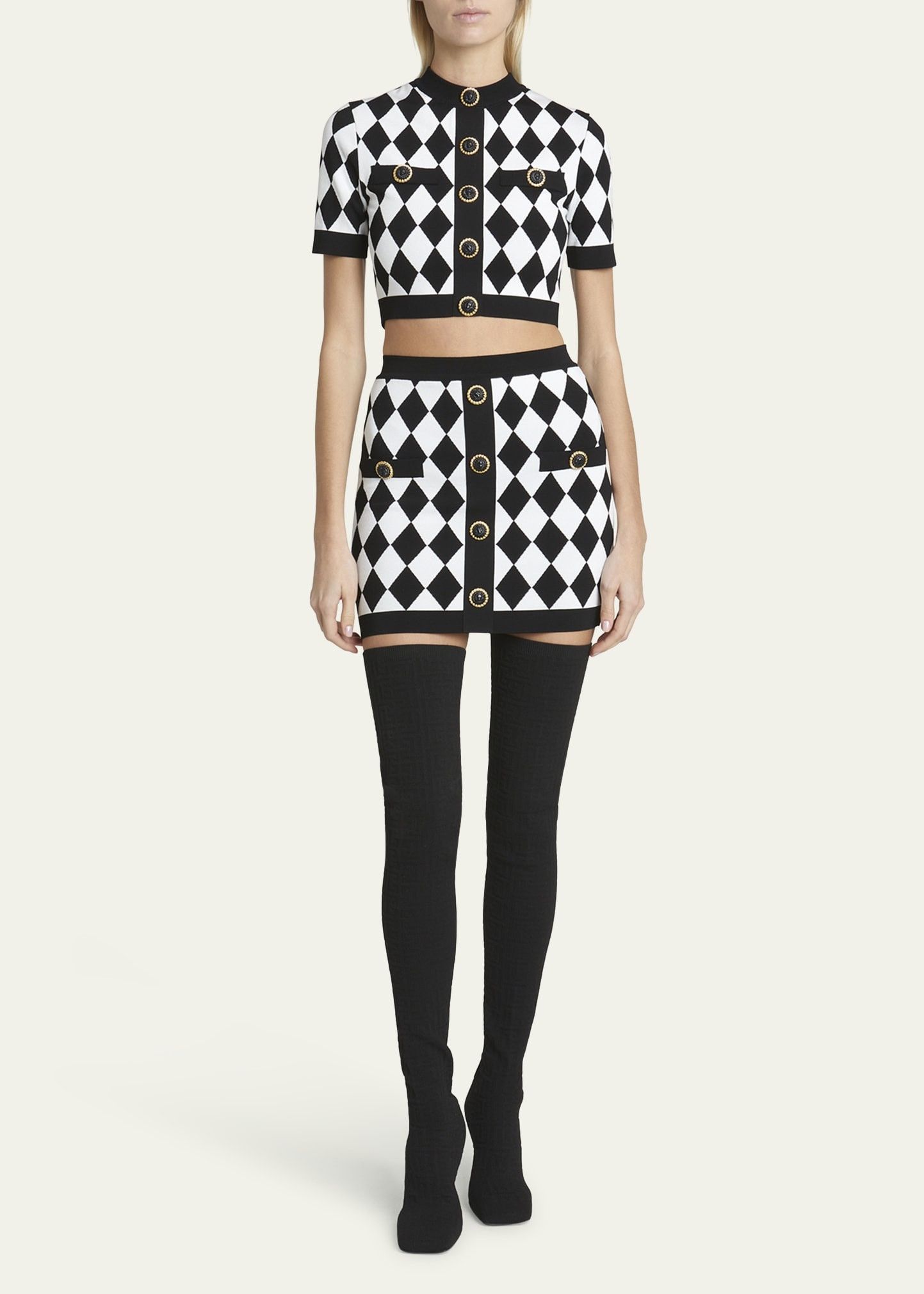 Balmain o1s1wg110725 Diamond Knit Mini Skirt in Black/White Size 30" / US 8 / IT 44 - 2 Thumbnail