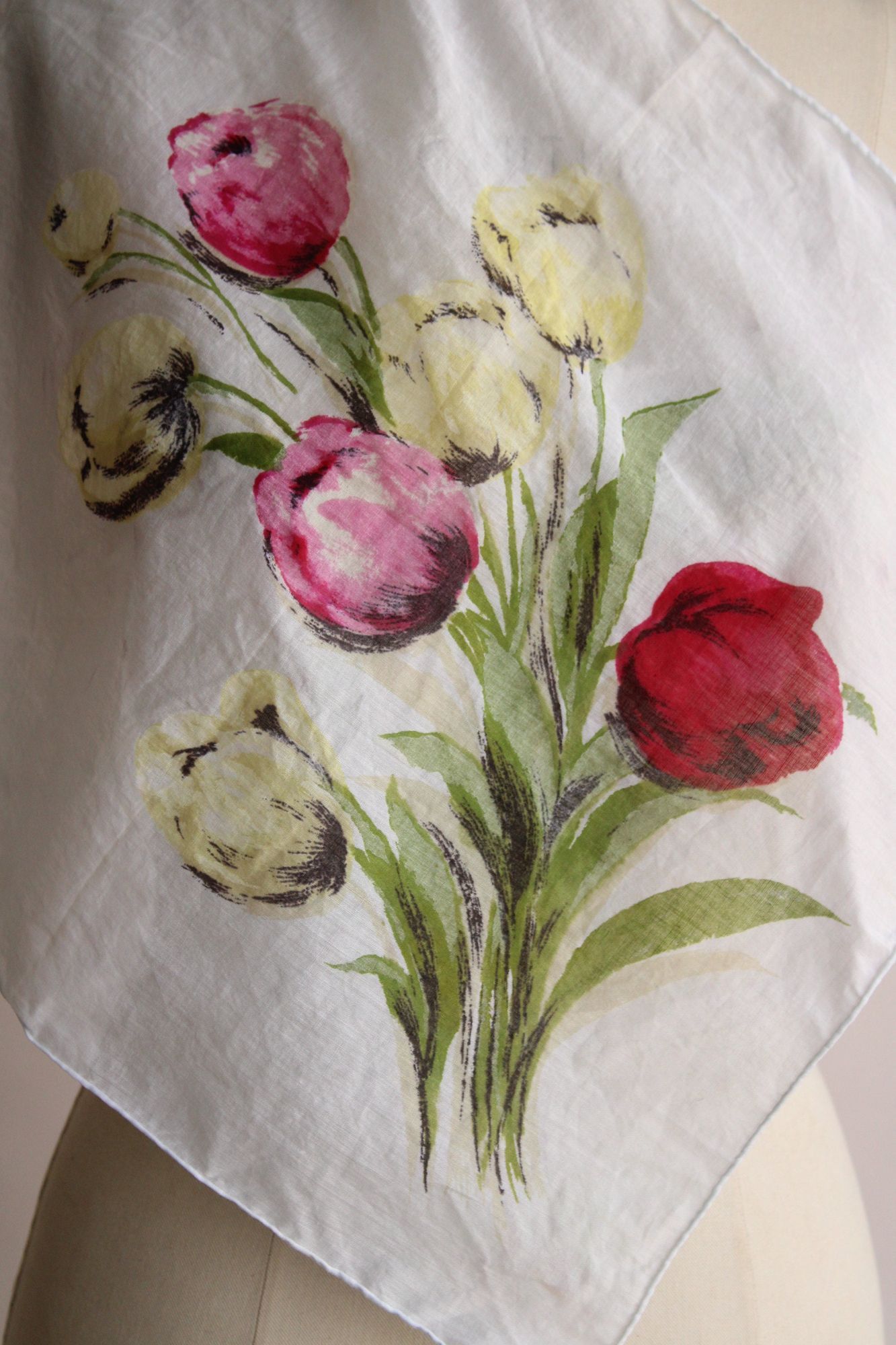 Vintage Vintage 1960s Scarf, Tulip Print Cotton Handkerchief Size ONE SIZE - 2 Thumbnail