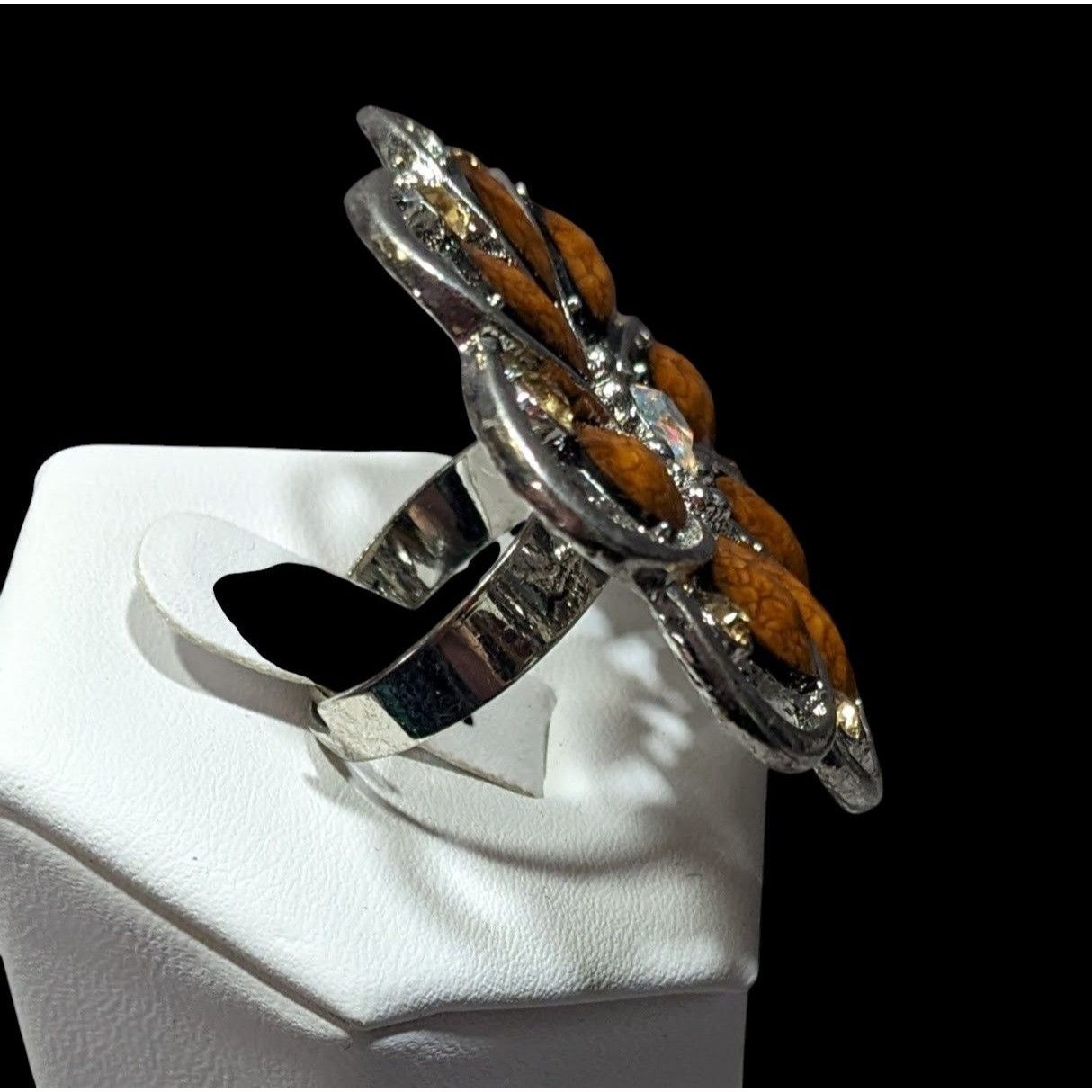 Other Fairycore Glam Brown And Silver Tone Rhinestone Flower Ring Size ONE SIZE - 2 Thumbnail