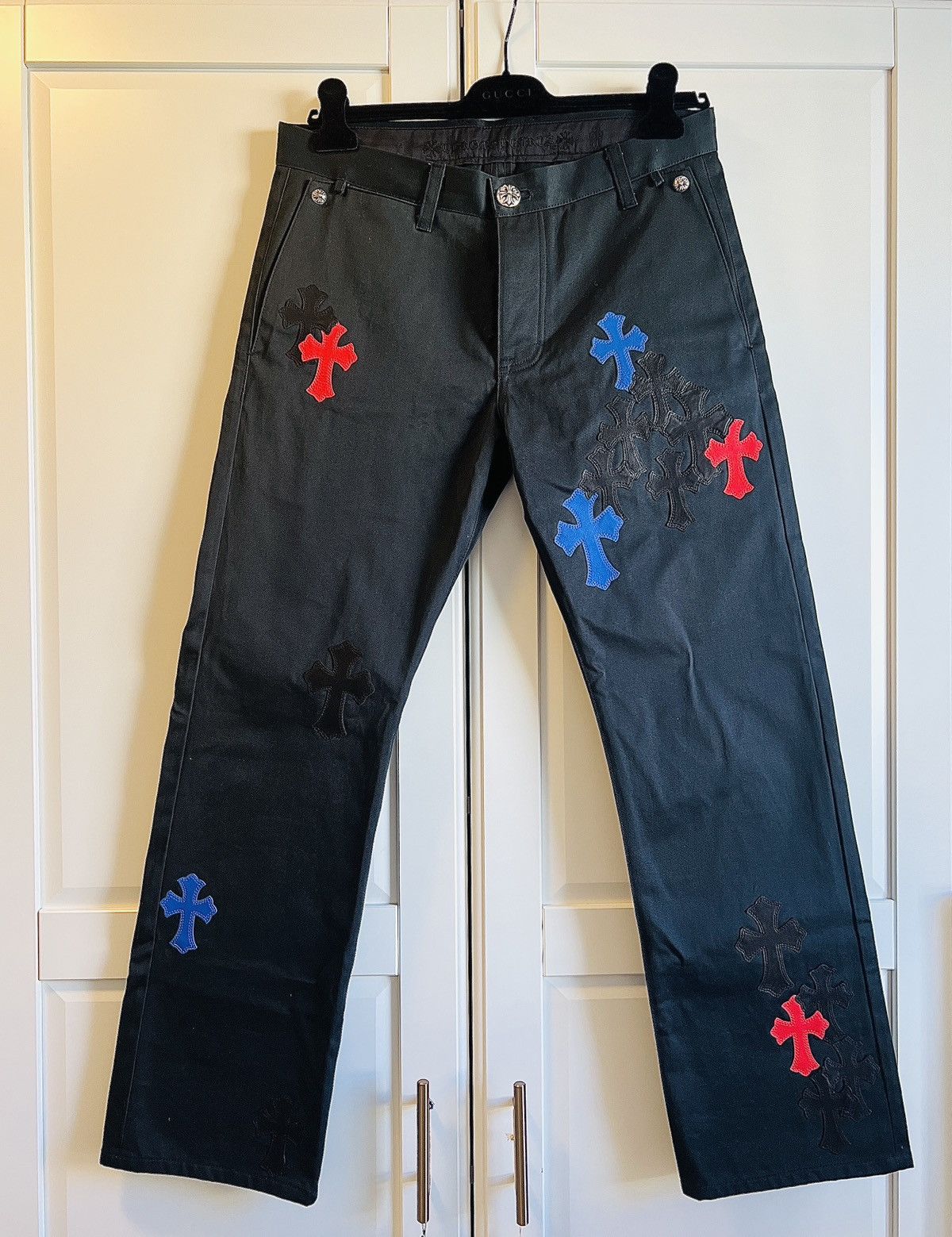 image of Chrome Hearts Red Blue Black Patch Pants, Men's (Size 32)