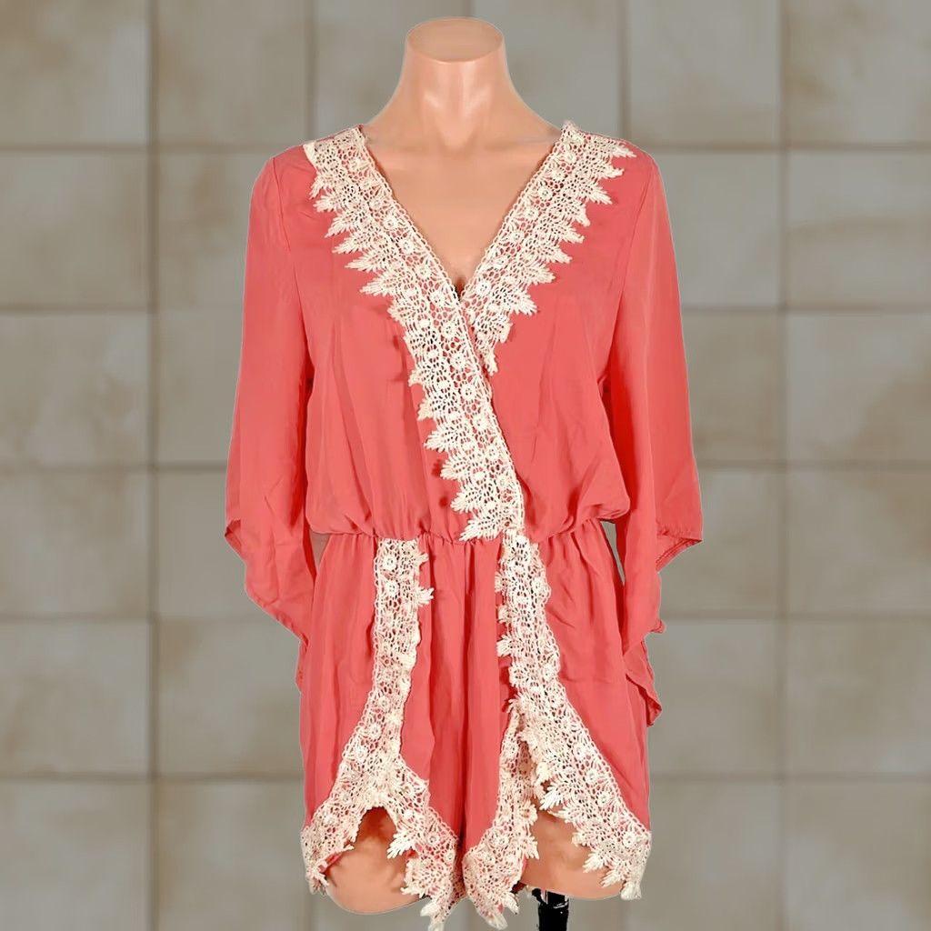 Vintage Poetry Coral Pink boho romper Jumpsuit Deep V lace detail Women's S Festival Size 28" / US 6 / IT 42 - 1 Thumbnail