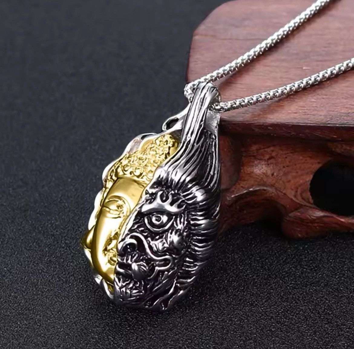 Designer × Japanese Brand Punk Rare Carved Dual Buddha Stainless Steel Silver Necklace Size ONE SIZE - 6 Thumbnail