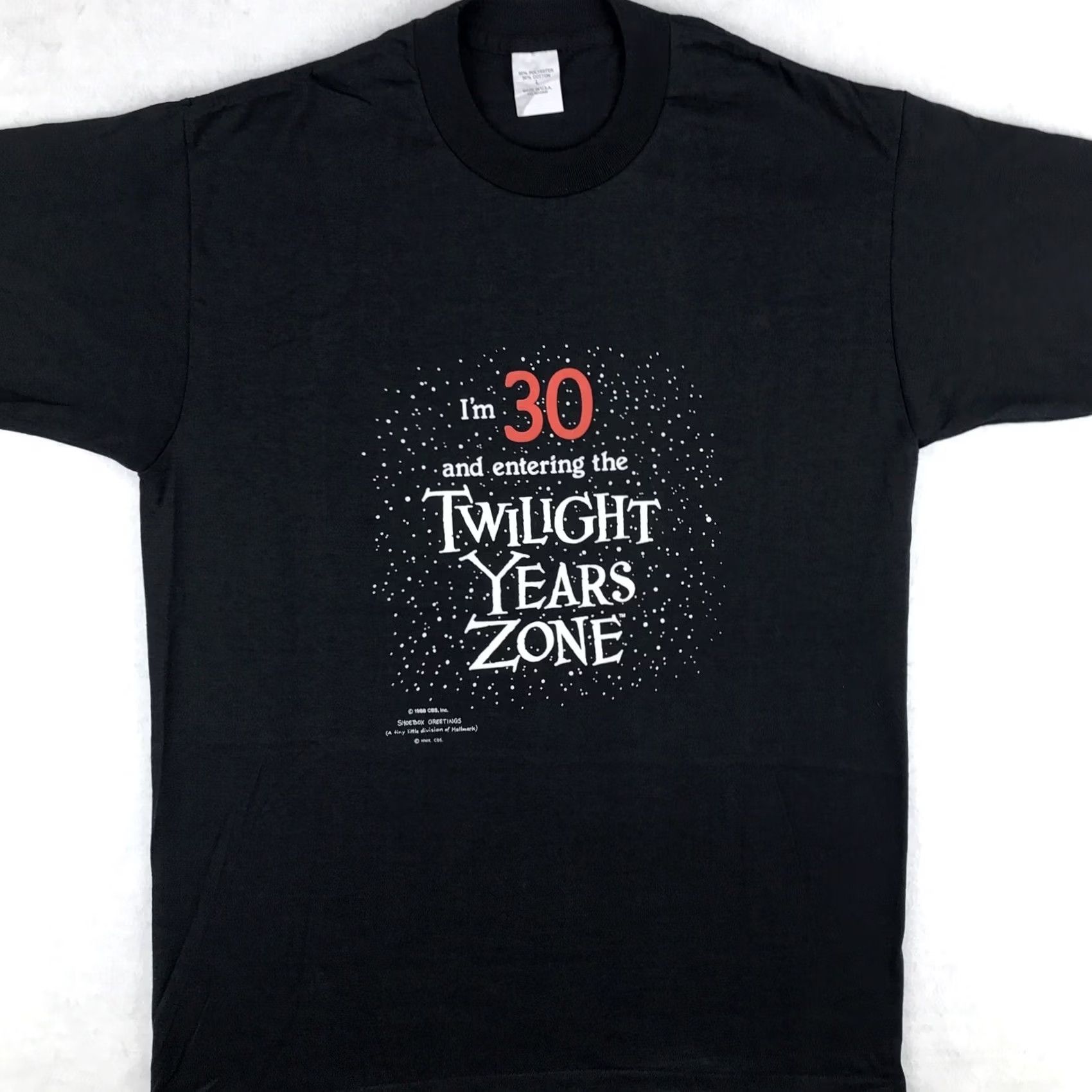 Vintage NOS vtg 80s I’M 30 & ENTERING TWILIGHT YEARS ZONE T-Shirt M joke single stitch Mens Black 80s 90s Birthday Funny Hallmark Vintage NOS Deadstock Tee Size US M / EU 48-50 / 2 - 3 Thumbnail