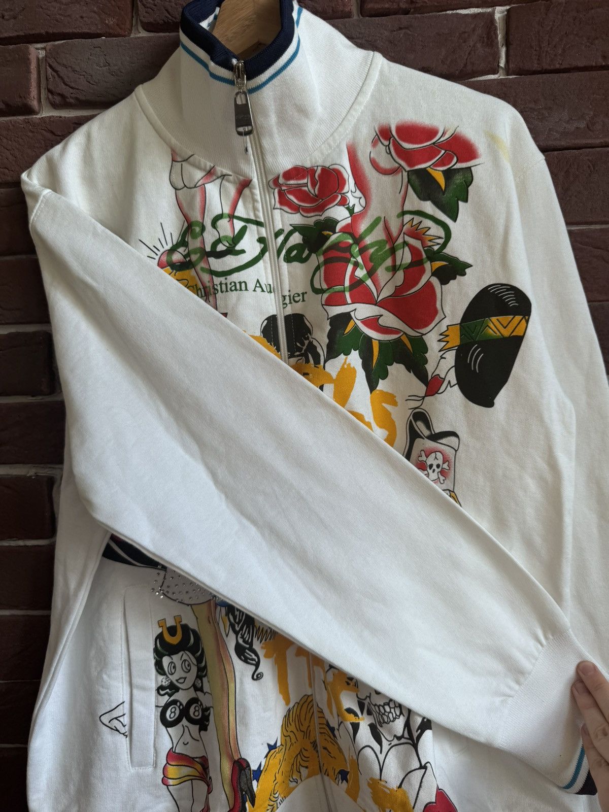 Christian Audigier Rare Ed Hardy Zip Sweatshirt Rhinestones Logo All Over Print Size US L / EU 52-54 / 3 - 9 Thumbnail