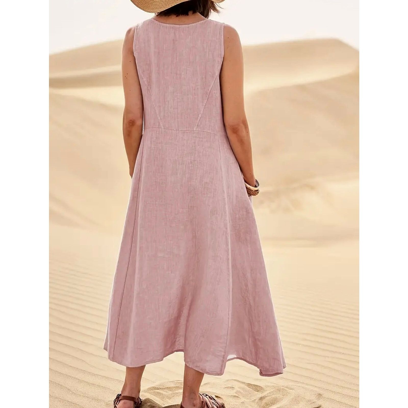 Other Sleeveless 100% Cotton Midi Dress Pockets Pink Red size 14 Size XL / US 12-14 / IT 48-50 - 3 Thumbnail