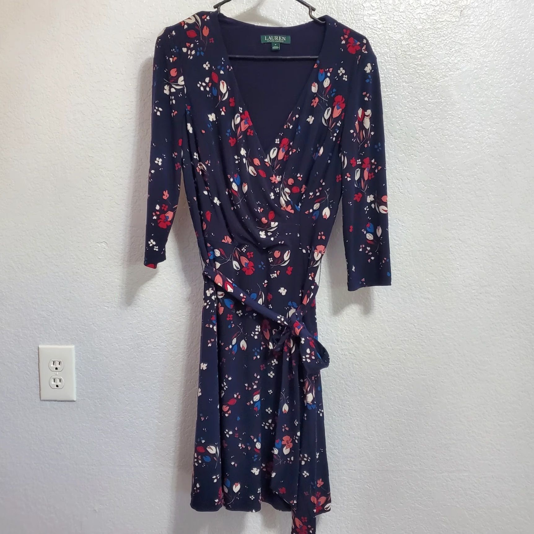 Ralph Lauren Lauren Ralph Lauren Dress Women 8 Navy Blue Floral Midi Faux Wrap 3/4 Sleeve Tie Size M / US 6-8 / IT 42-44 - 2 Thumbnail