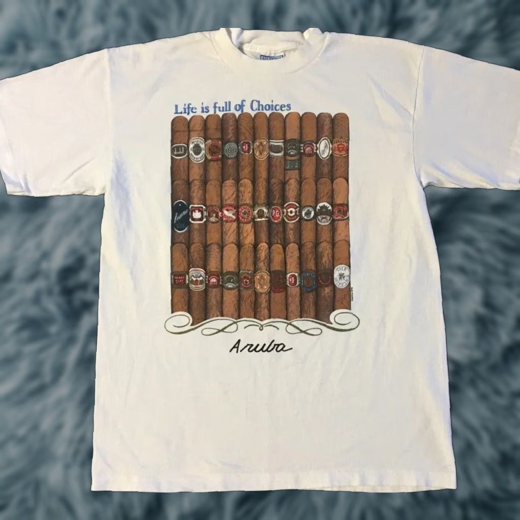 Vintage VINTAGE Aruba Cigar Life Is Full Of Choices Shirt M White 90s Grunge Smoking Blunt Funny T-Shirt Mens Size US M / EU 48-50 / 2 - 1 Thumbnail