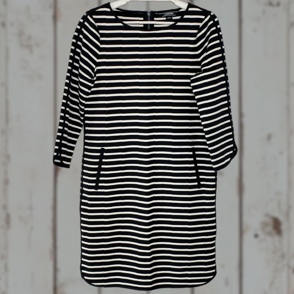 Lands' End Lands’ End Dress Navy White Stripe 3/4 Sleeve Boat Neck Shift Knee Length Pockets Sz 4 Womens Size S / US 4 / IT 40 - 1 Thumbnail