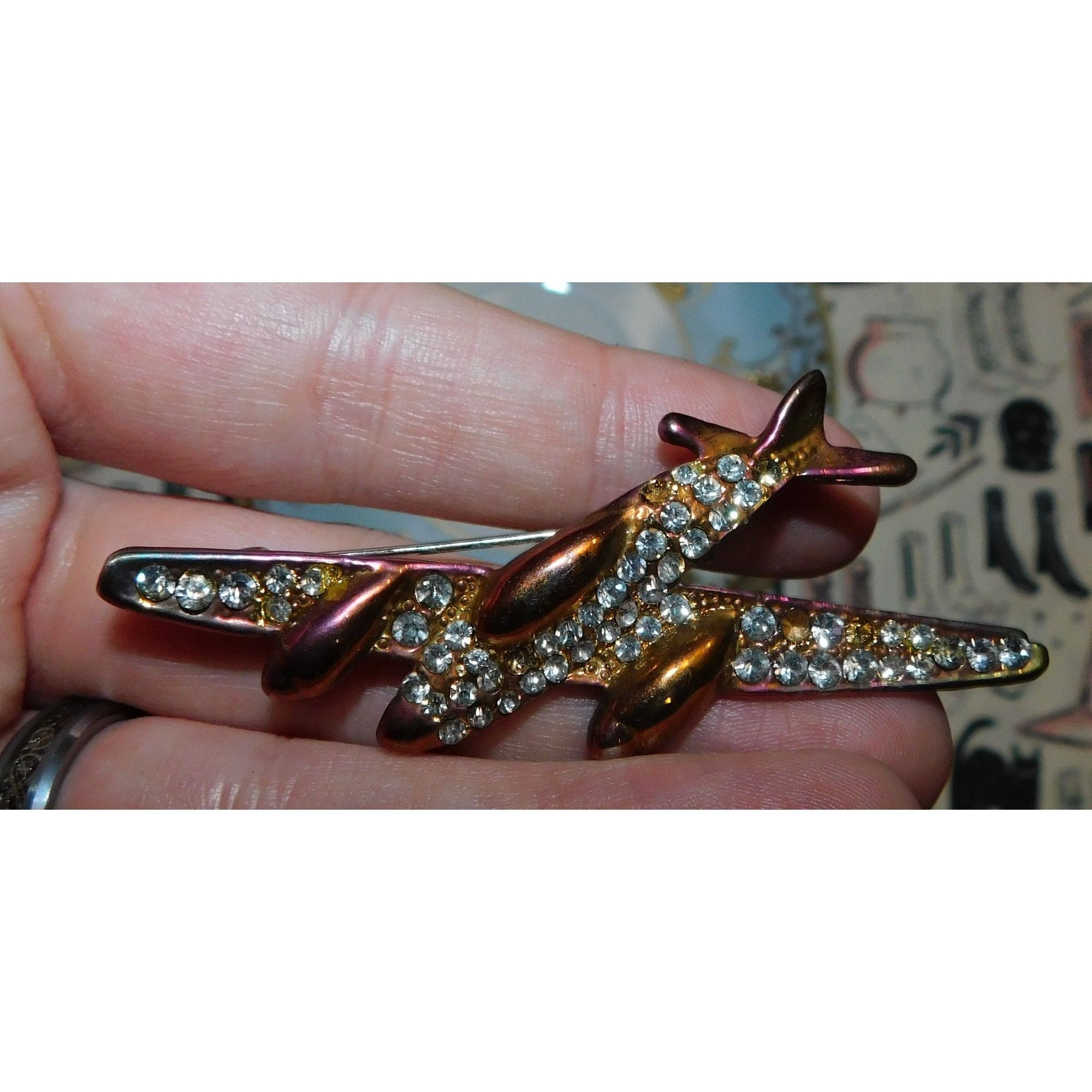 Other Vintage Anodized Airplane Brooch With Rhinestone Accents Size ONE SIZE - 4 Thumbnail