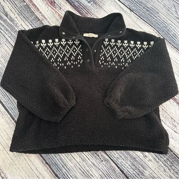 Loft LOFT Black Embroidered Fair Isle Sherpa Teddy Pullover Sweat Size XL / US 12-14 / IT 48-50 - 2 Thumbnail