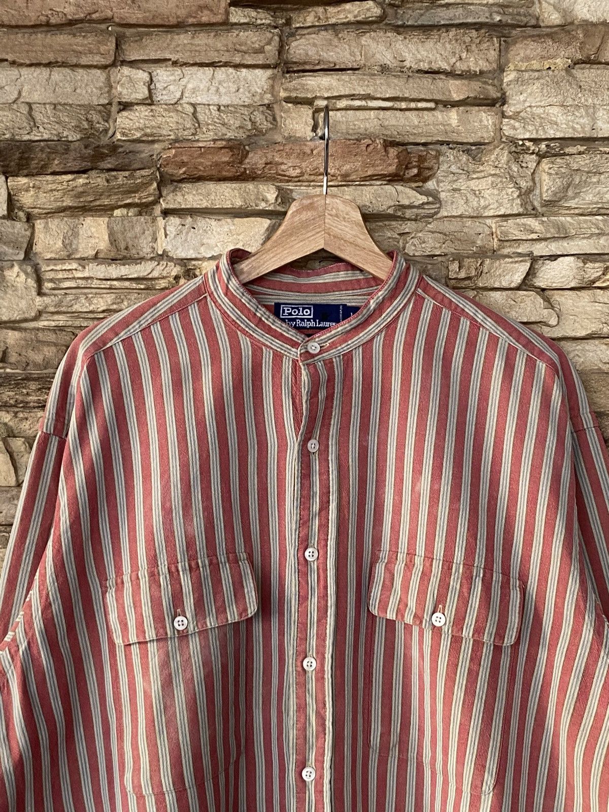 Polo Ralph Lauren Vintage 90s Polo Ralph Lauren Striped Two-Pocket Button-Up Mandarin Collar Long Sleeve Shirt Kemeja Size US XXL / EU 58 / 5 - 3 Thumbnail