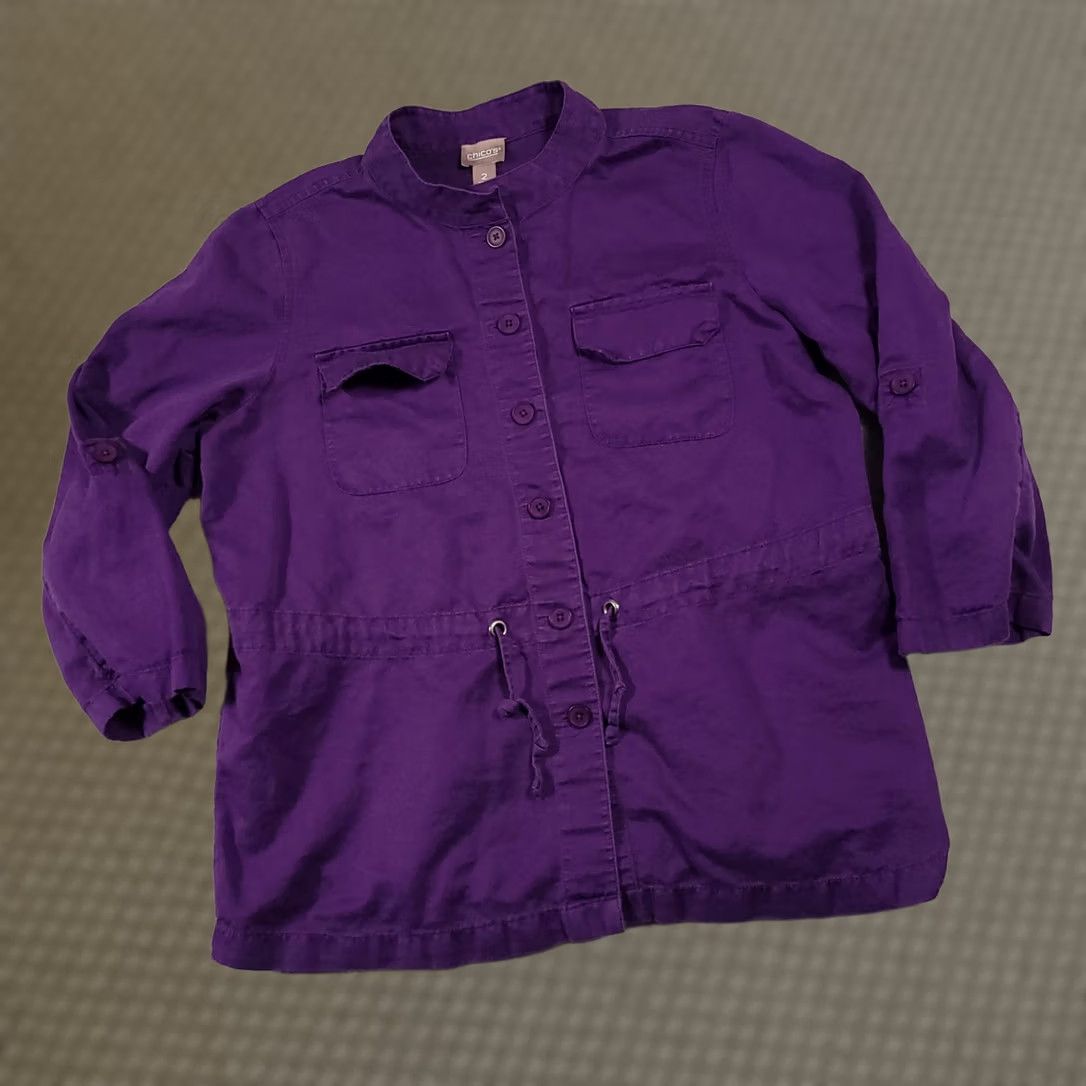 Vintage Chico's Jacket Women's L Purple Linen Blend Button Up Roll-Tab Sleeve Cinch Casual Travel Regular Mens Womens Size L / US 10 / IT 46 - 1 Thumbnail