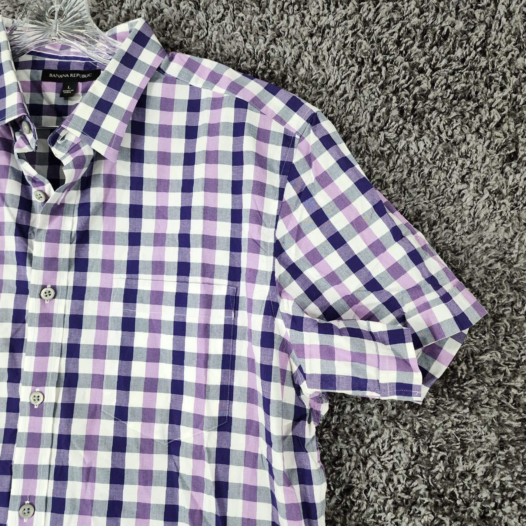 Banana Republic Banana Republic Men's Plaid Short Sleeve Button-Up Shirt Size L Purple Size US 33 - 4 Thumbnail