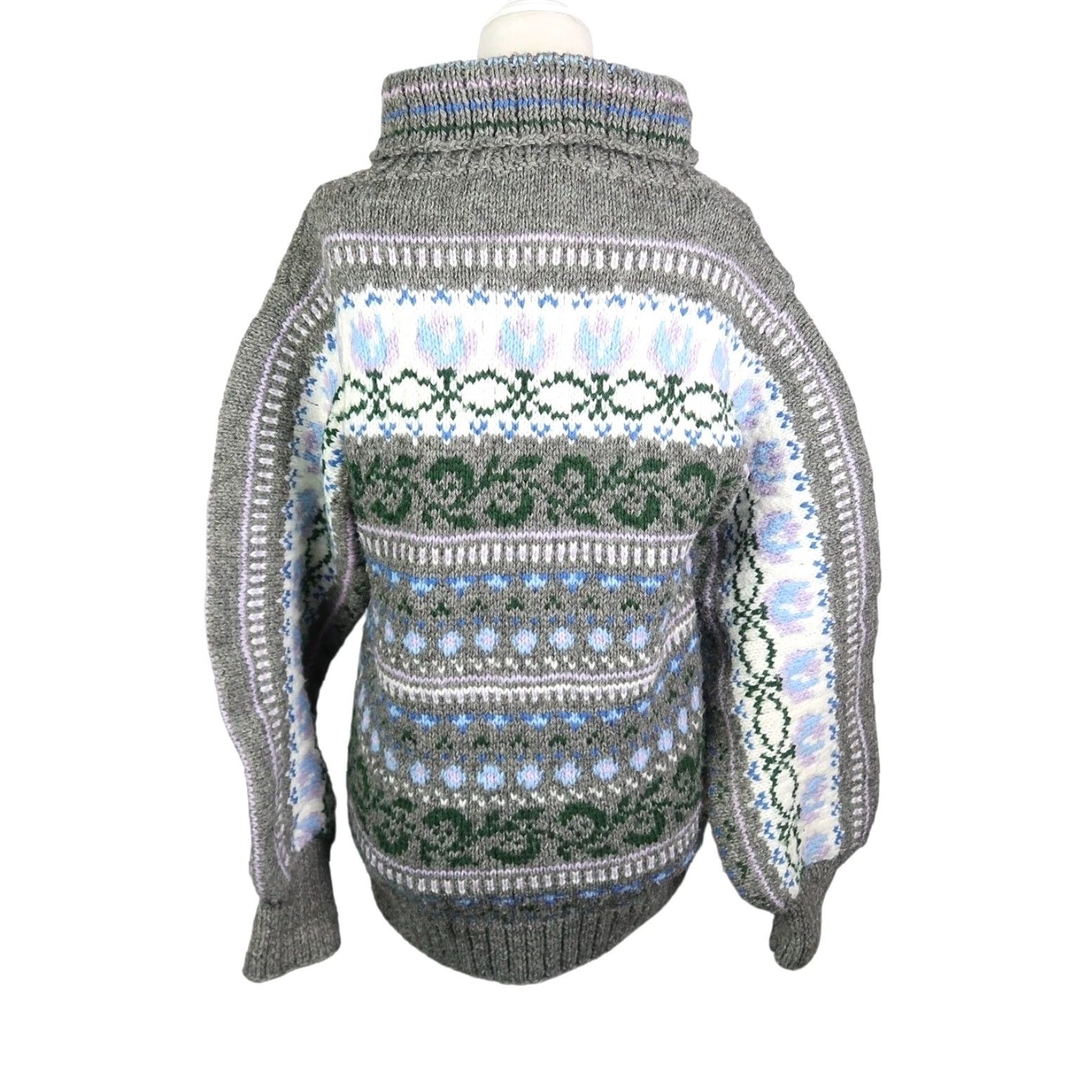 Vintage VINTAGE Grey Wool Fair Isle Turtleneck Sweater Nordic Scandinavian S Women Pullover 80s Bohemian Long Balloon Sleeve Wool Millfall? Size S / US 4 / IT 40 - 5 Thumbnail
