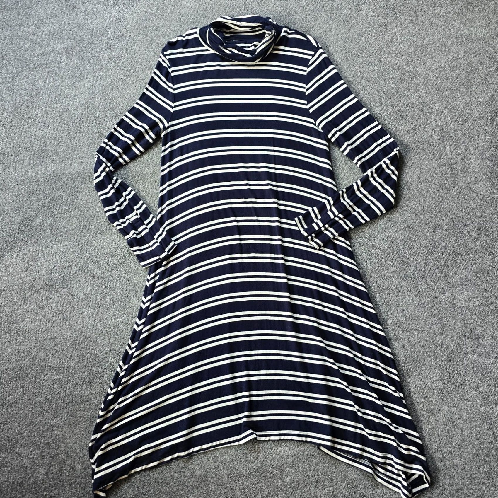 Anthropologie Maeve Anthropologie Dress Womens Size L Blue White Striped Turtleneck Casual Knit Knee Length Long Sleeve Pullover Machine Washable Regular Women Size L / US 10 / IT 46 - 2 Thumbnail