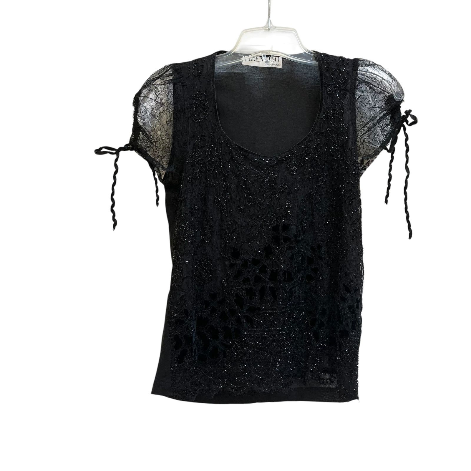 Valentino Valentino Black Beaded Square Neck Sheer Short Sleeve Top Size M / US 6-8 / IT 42-44 - 4 Thumbnail