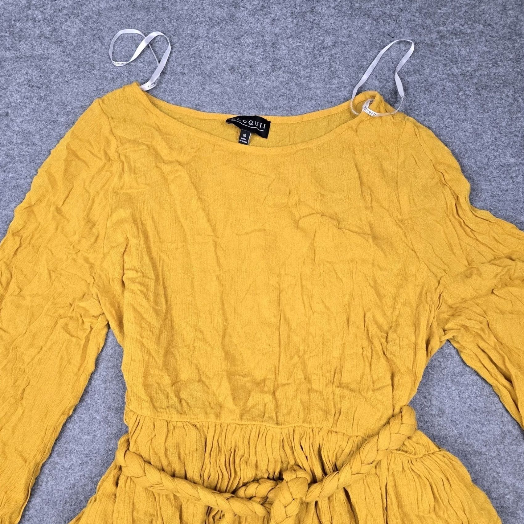 Vintage Eloquii Dress Womens Yellow Boho Fit & Flare Belted Ruffle Mini Long Sleeve 16 Size XXL / US 16-18 / IT 52-54 - 2 Thumbnail