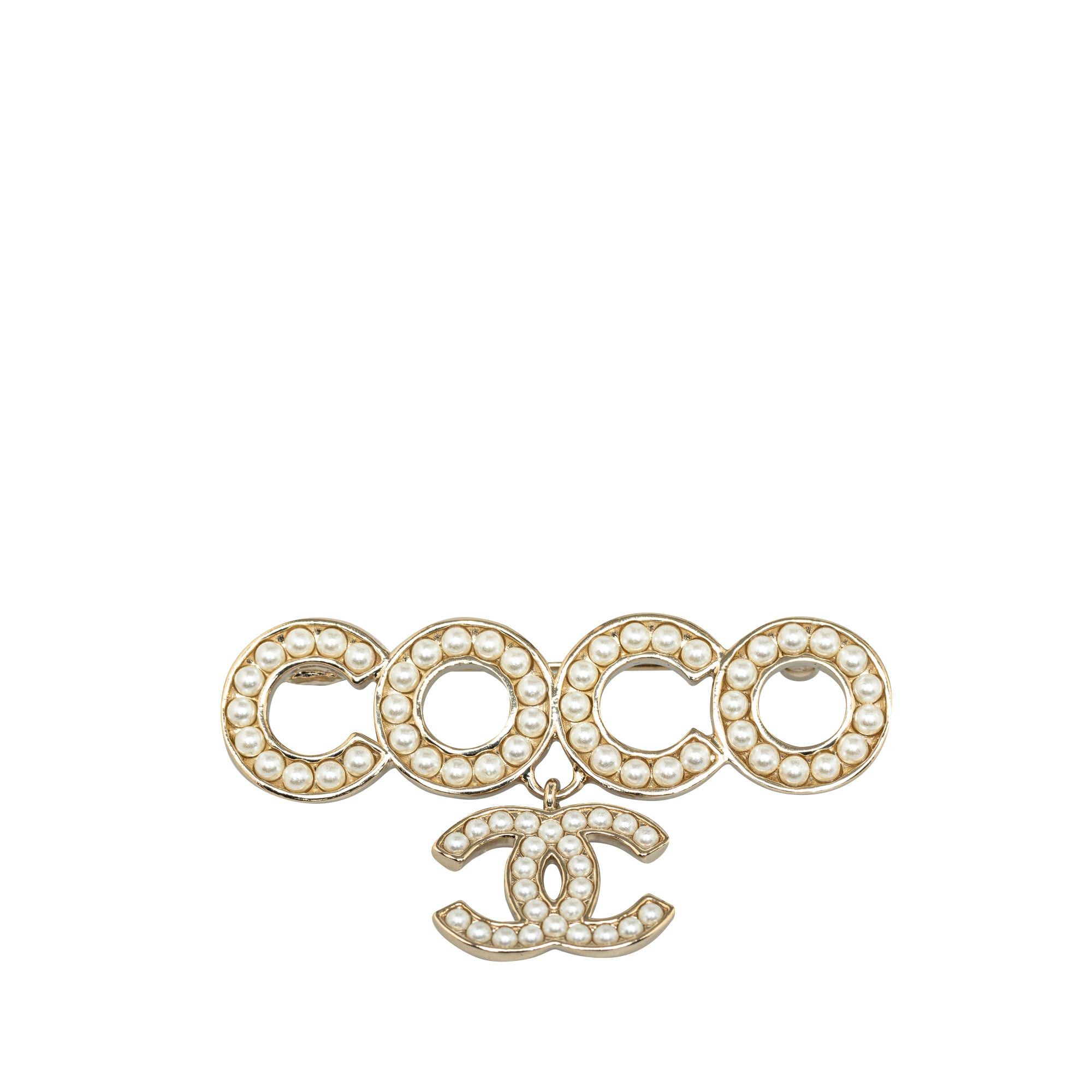 image of Chanel Coco Faux Pearl Brooch Costume Brooch in White, Women's