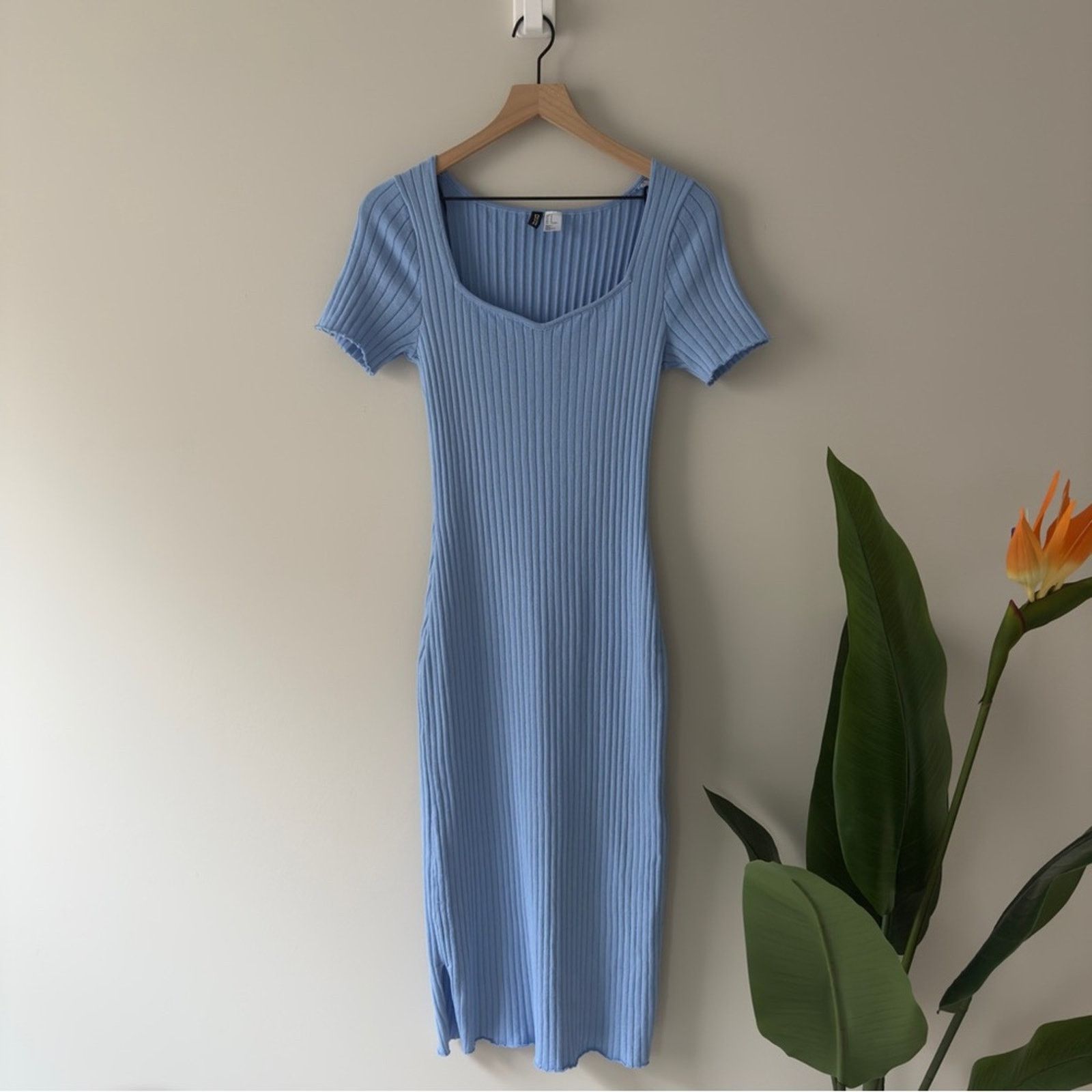 H&M H&M Divided Light Blue Ribbed Midi Dress Slit Sides Solid M Size M / US 6-8 / IT 42-44 - 3 Thumbnail