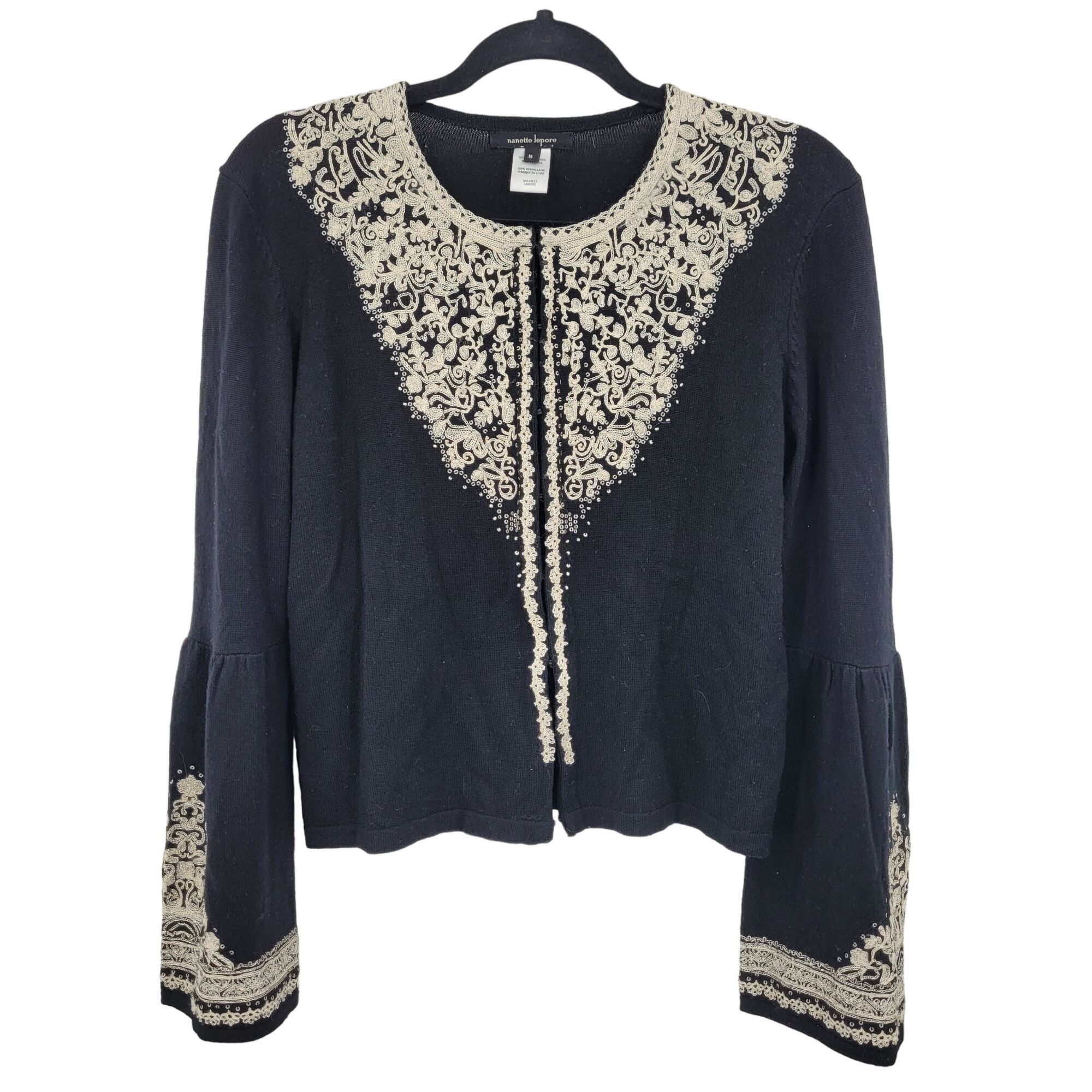 Vtg Merino Wool Sweater Cardigan M Black Embroidered Bell Sl