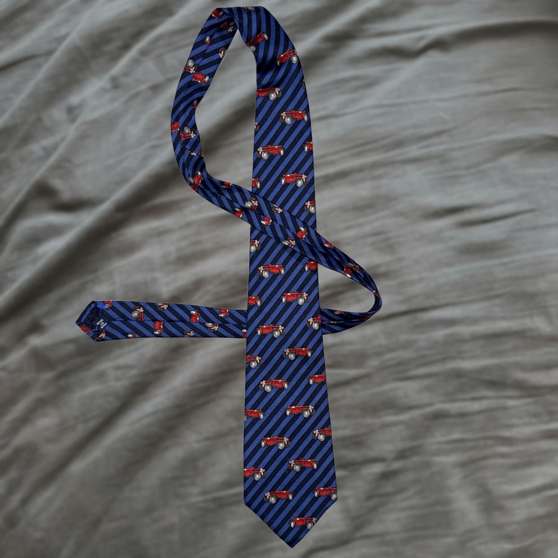 Polo Ralph Lauren VINTAGE Polo by Ralph Lauren Tie Men One Size Blue Striped Silk Car Motif Historic 100% Silk Size ONE SIZE - 1 Thumbnail