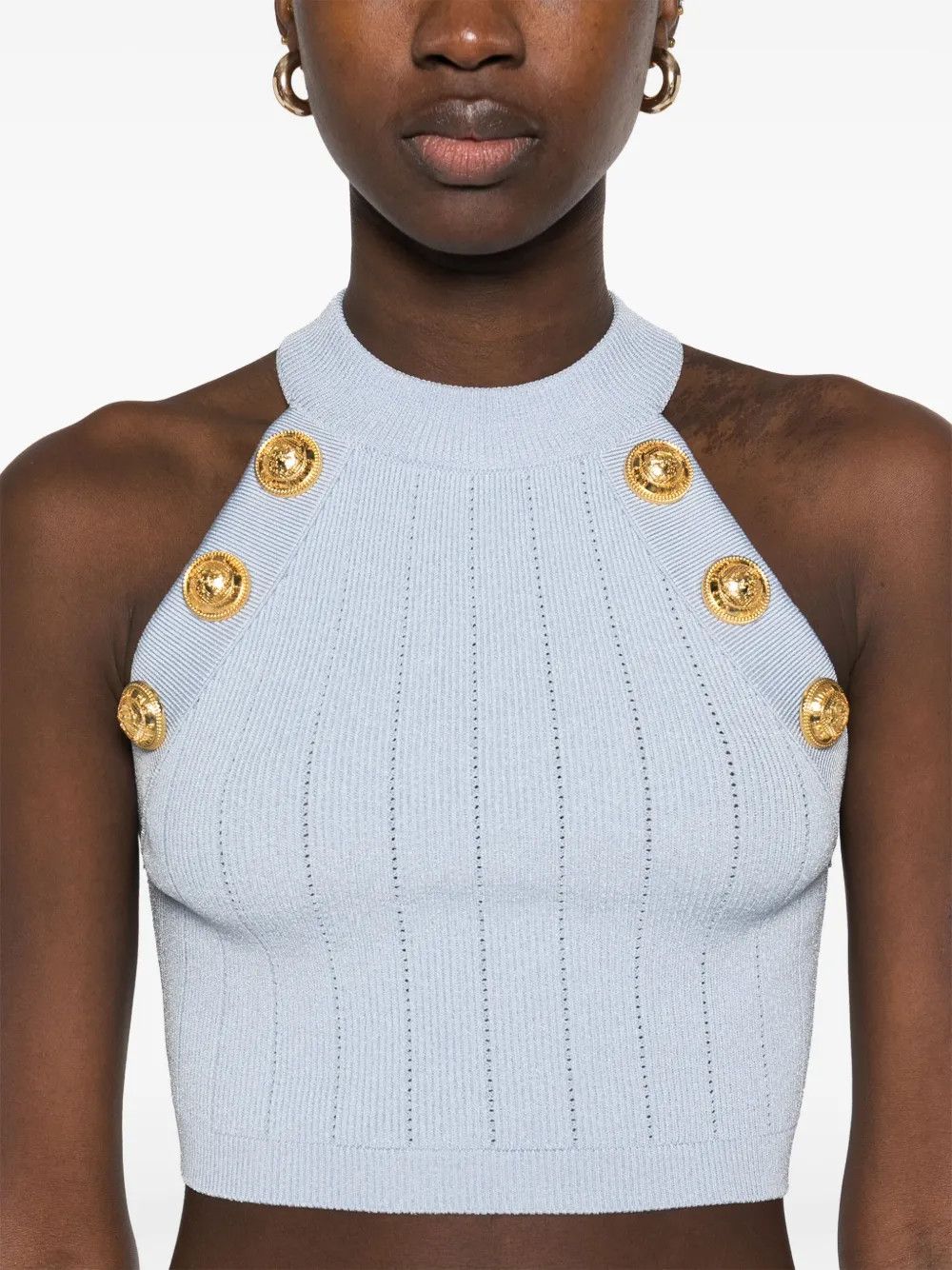 Balmain o1s1wg111225 Top Decorated With Coin Buttons in Light Blue Size L / US 10 / IT 46 - 4 Thumbnail