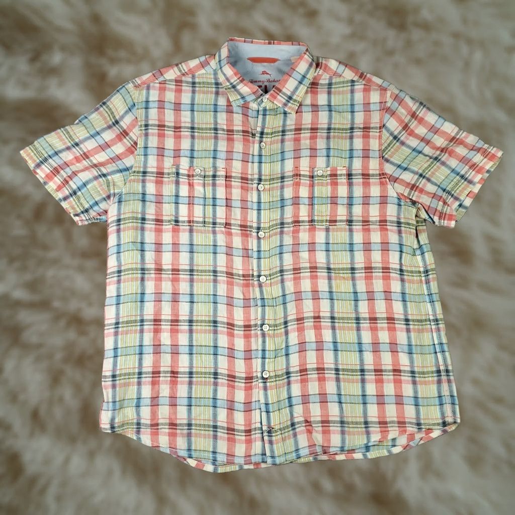 Tommy Bahama Tommy Bahama Shirt Mens Large Pink Blue Linen Plaid Hawaiian Button Up Shirt Size US L / EU 52-54 / 3 - 1 Thumbnail